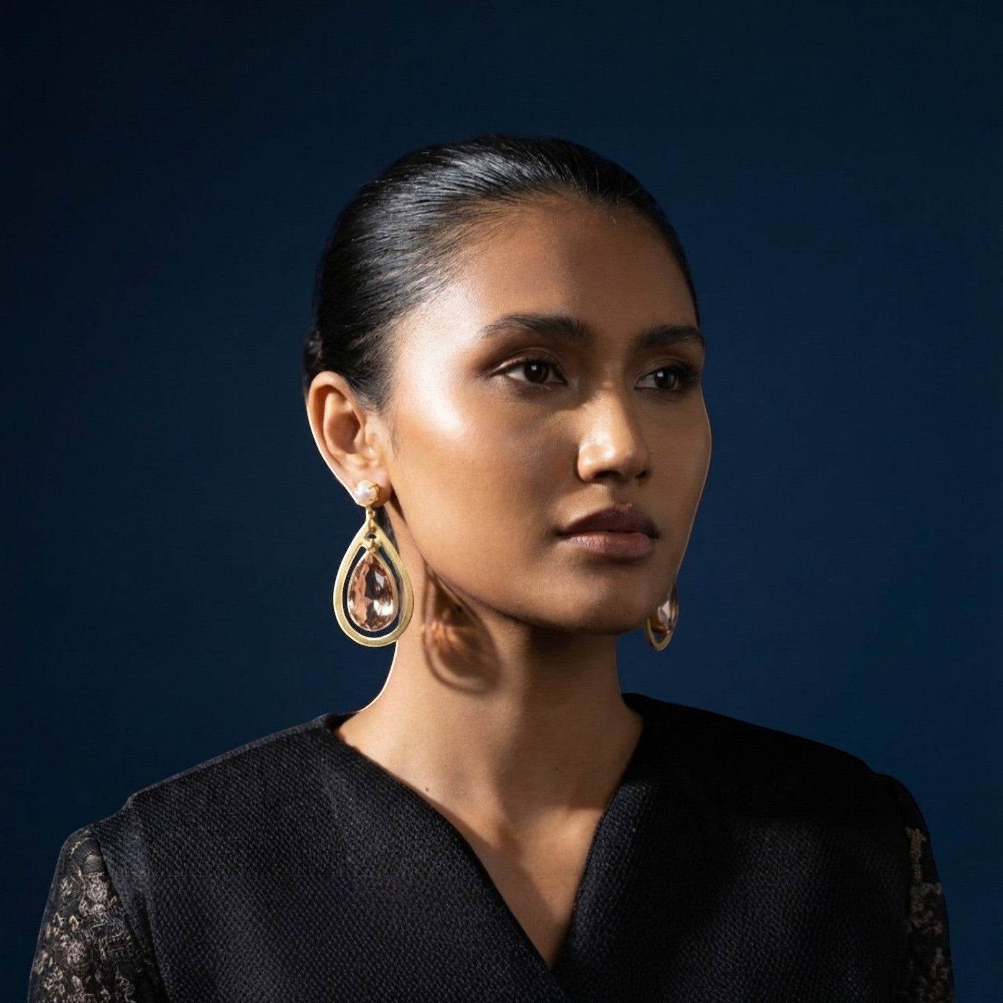 Tania Claire Australia Aurielle Rose Drops: gold teardrop earrings with blush crystal and pearl stud.