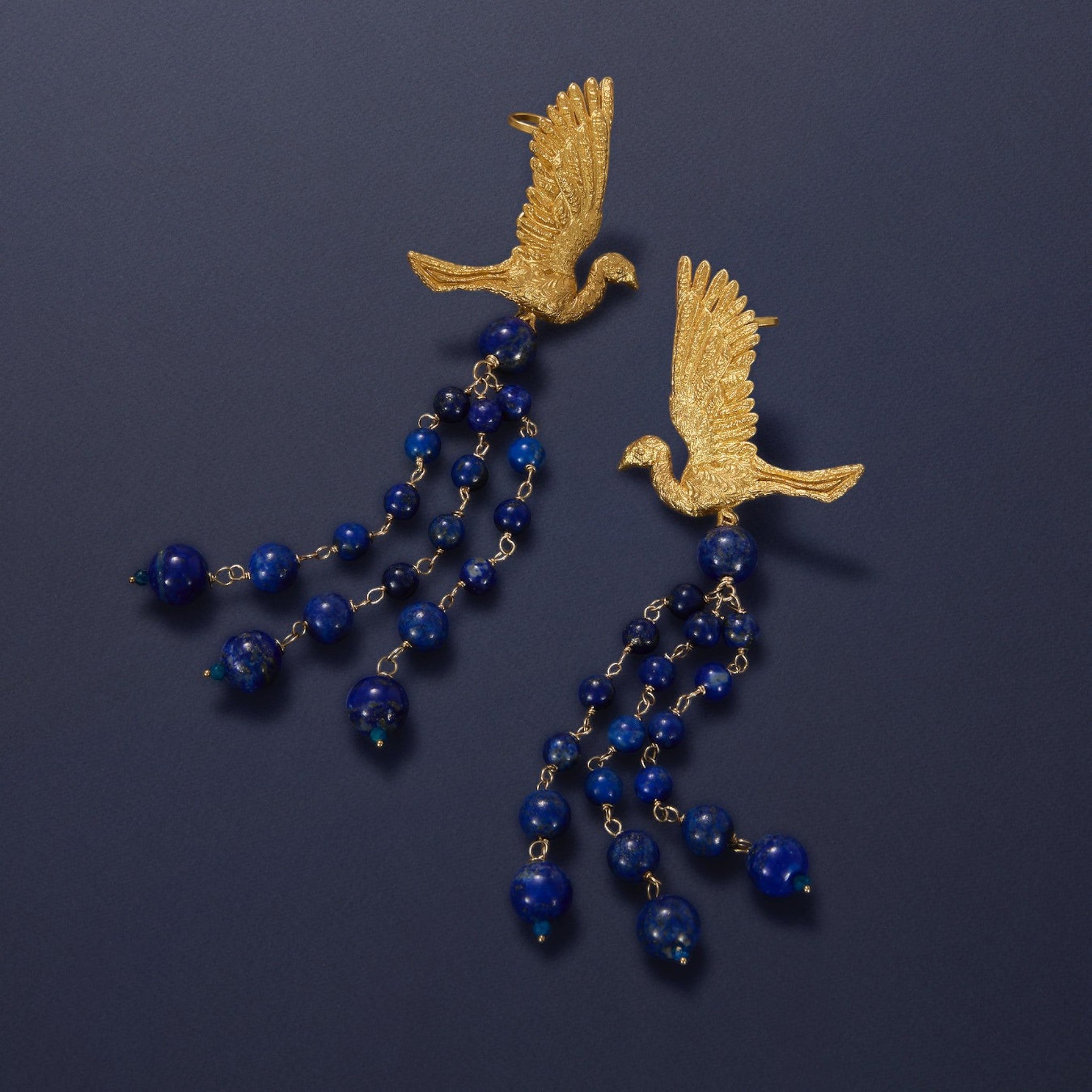 Celestine Flight lapis lazuli statement earrings with sculptural gold birds by Tania Claire Australia