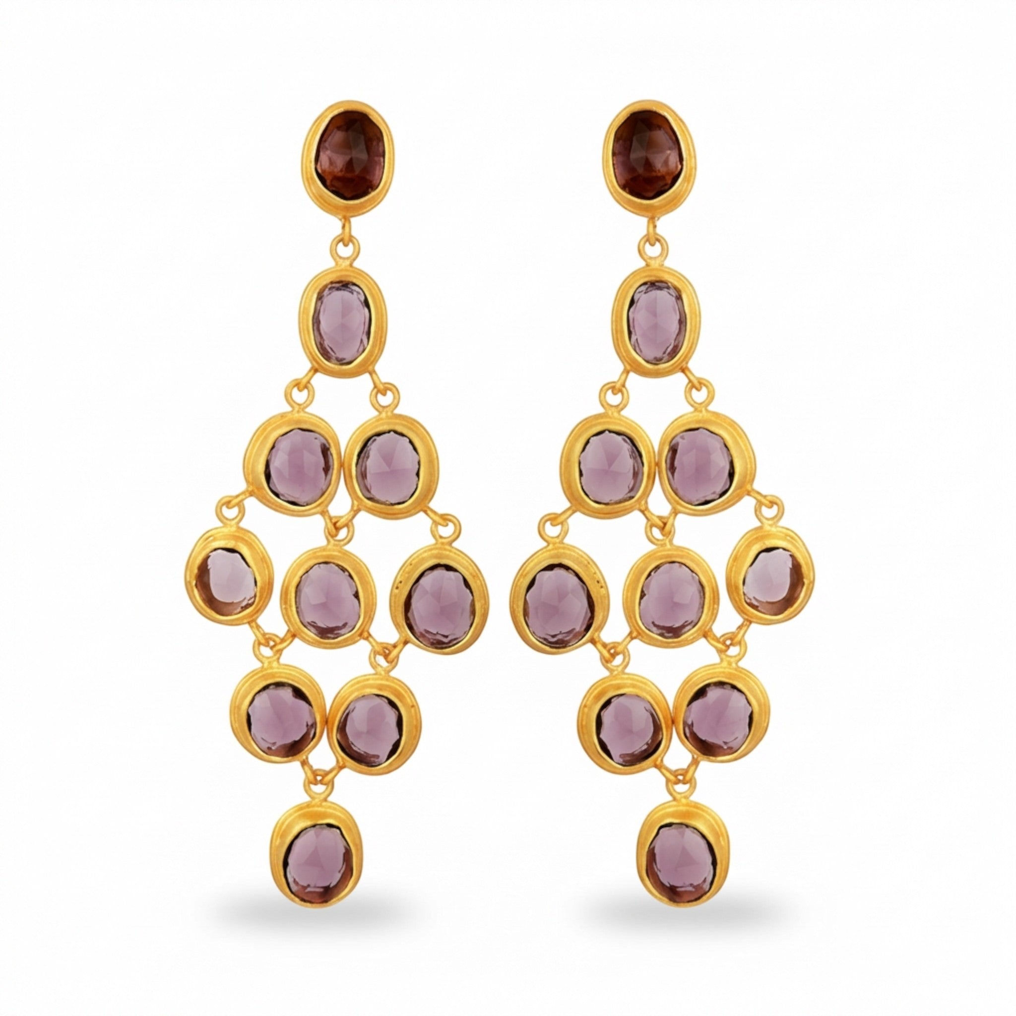 Tania Claire Australia Palais Amethyst Earrings: gold-plated chandelier earrings with faceted amethyst gemstones in violet hues.