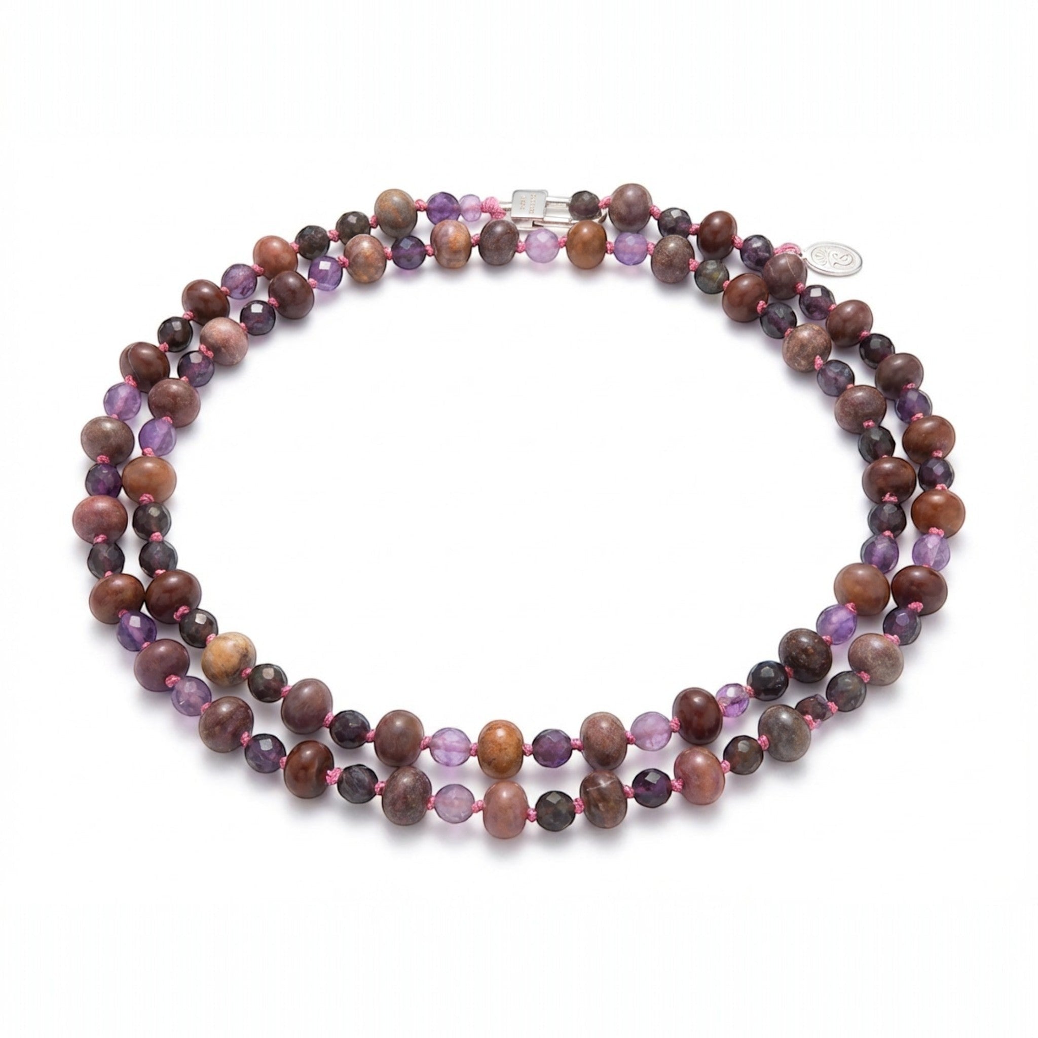 Tania Claire Australia Montmartre Twilight Necklace with earthy gemstones and amethyst tones, hand-strung design.