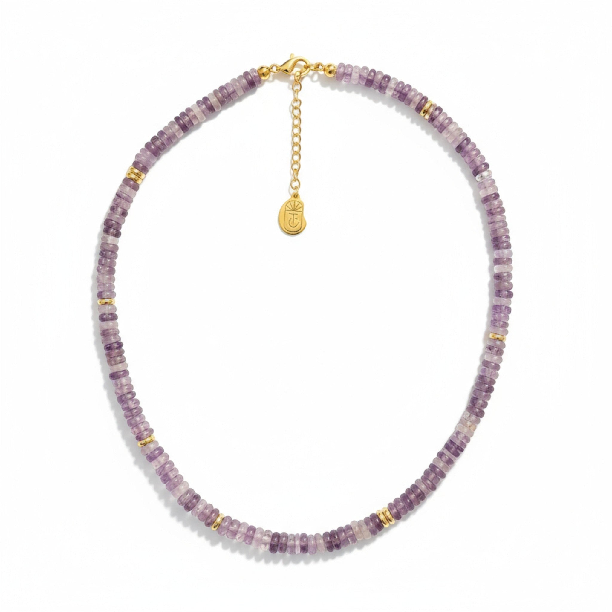 Tania Claire Australia amethyst gemstone necklace with gold accents and extender chain.