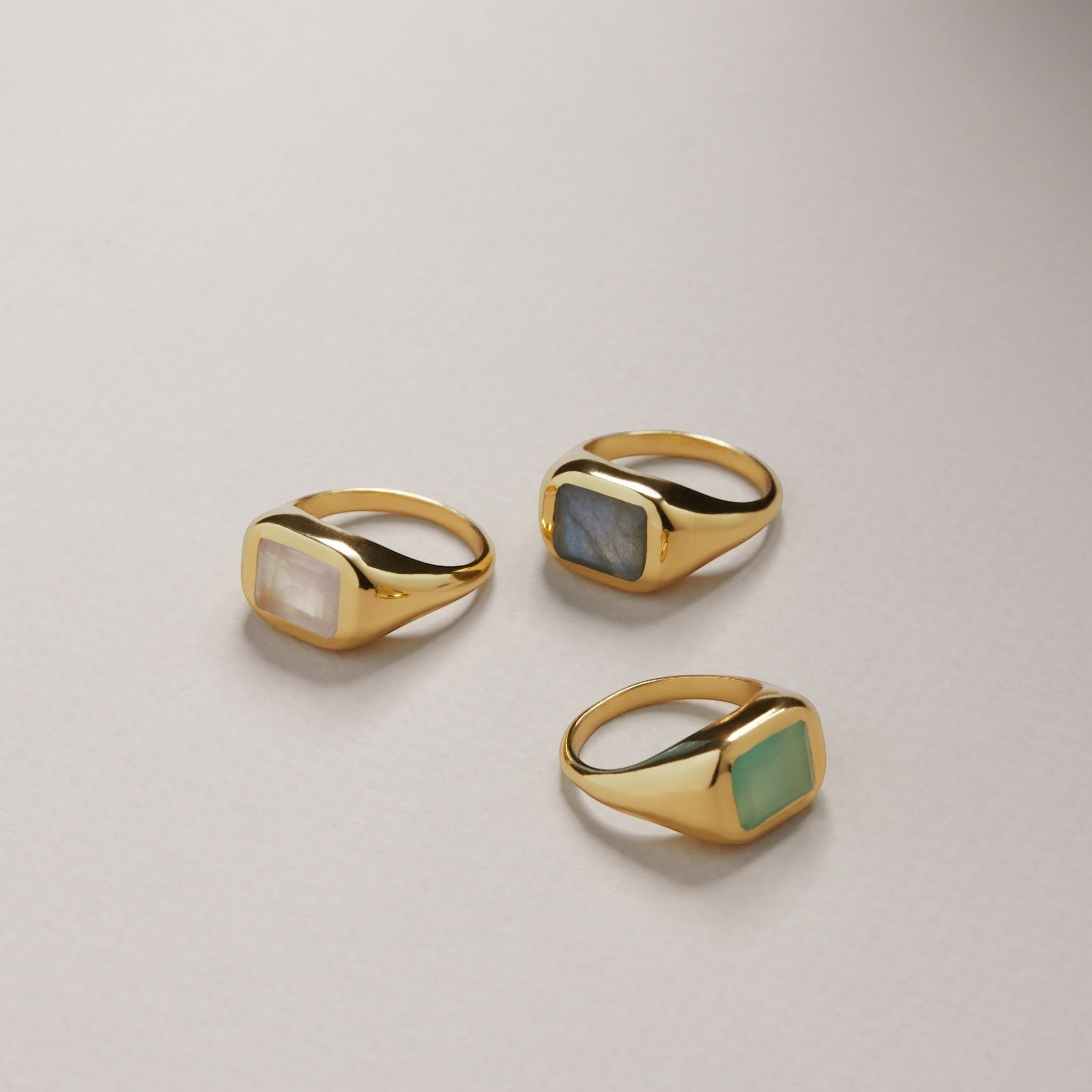 Tania Claire Australia gold signet ring with rectangular aqua chalcedony gemstone. Classic design with modern flair.