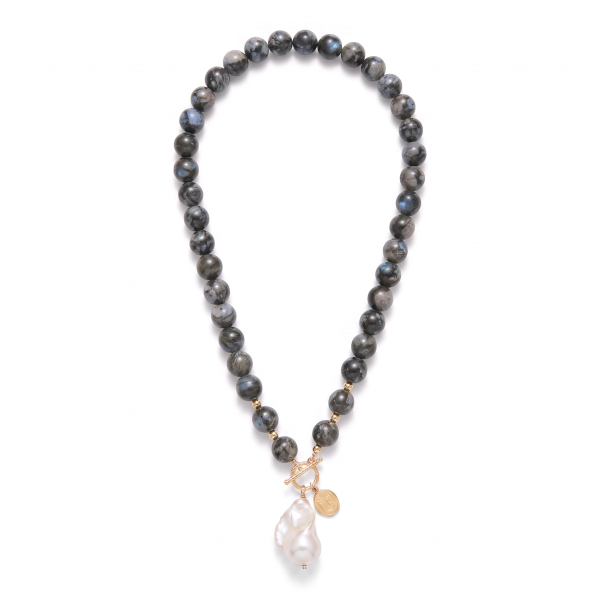 Tania Claire Australia Asteria necklace featuring smoky grey labradorite beads, a baroque pearl, and gold toggle clasp.
