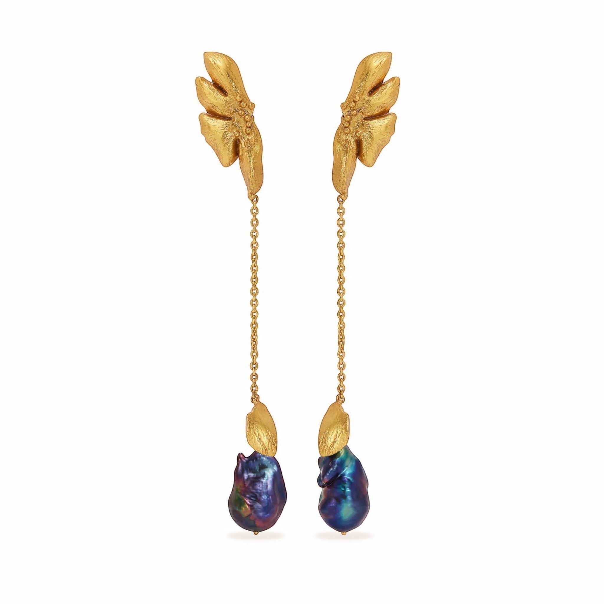 Tania Claire Australia Iridesca baroque pearl drop earrings with gold botanical elements and chain.