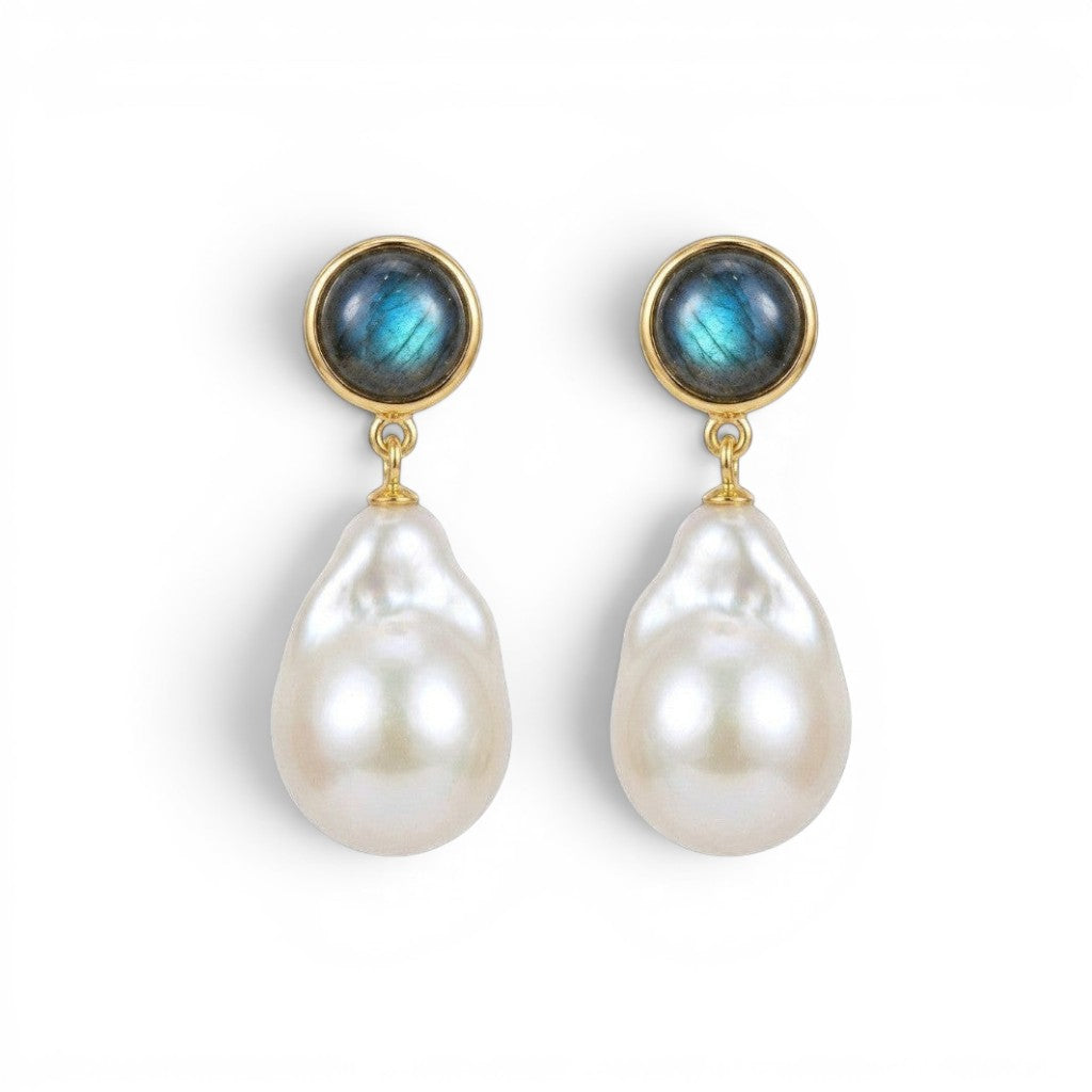 Tania Claire Australia Mae pearl drop studs featuring iridescent baroque pearls and blue labradorite in gold settings.