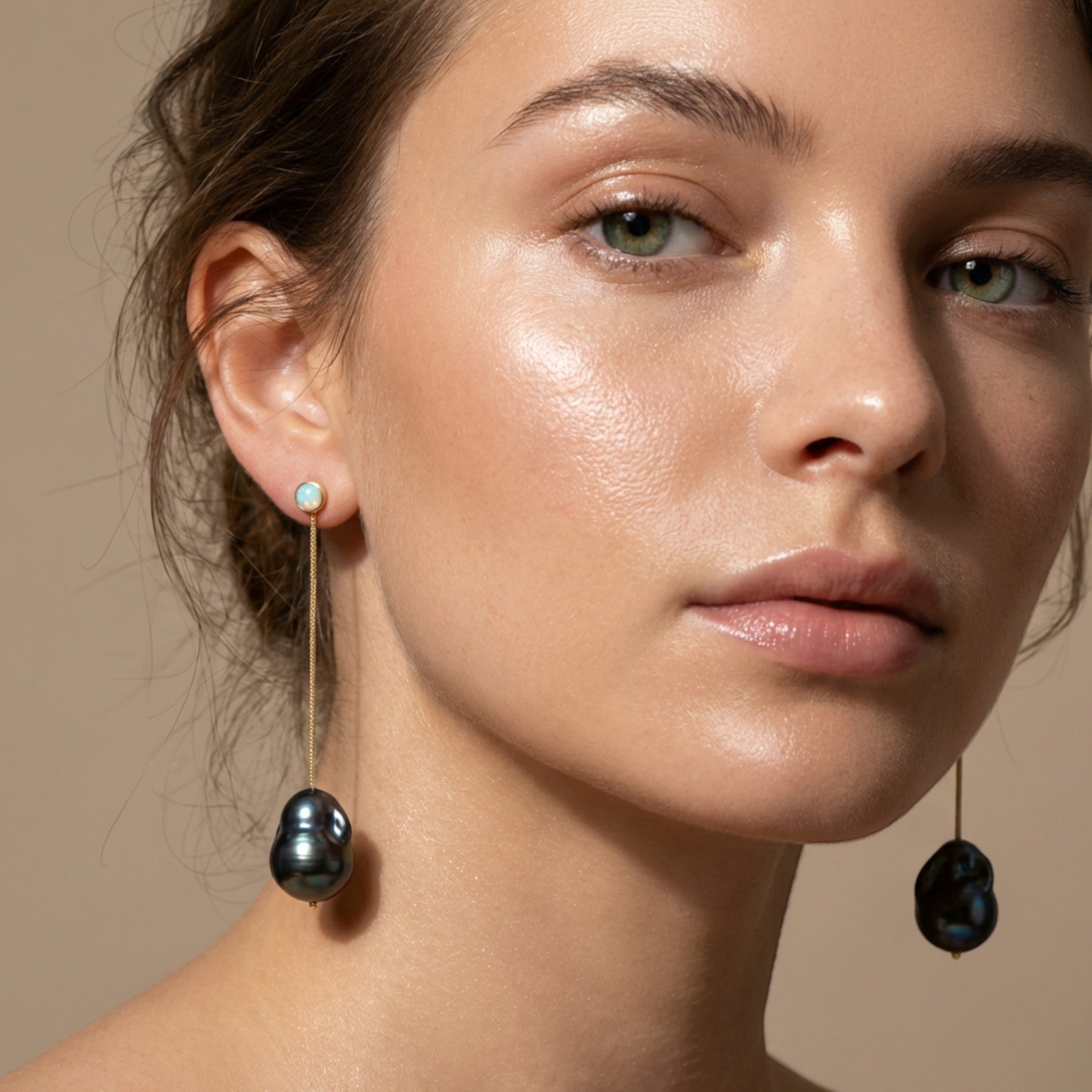 Tania Claire Australia Wren Black Pearl Drops earrings with baroque black pearls and white opals on gold chains.