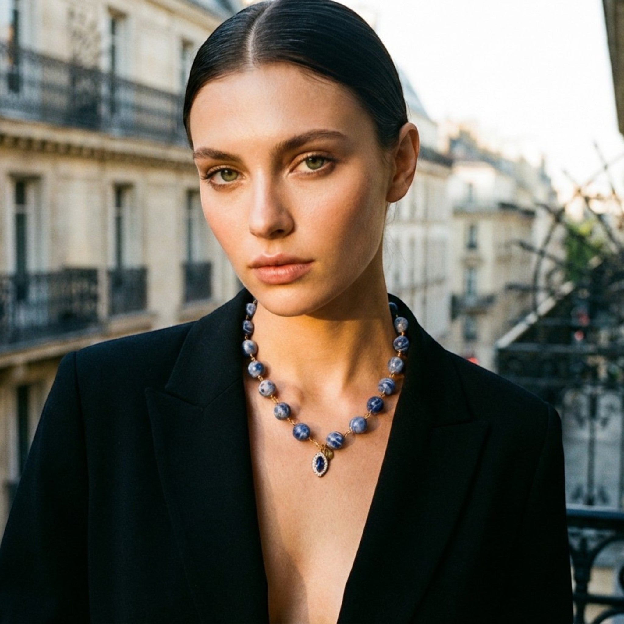 Tania Claire Australia Bleu Royale Necklace: marbled sodalite gemstones, gold plated, sapphire pendant with crystals.