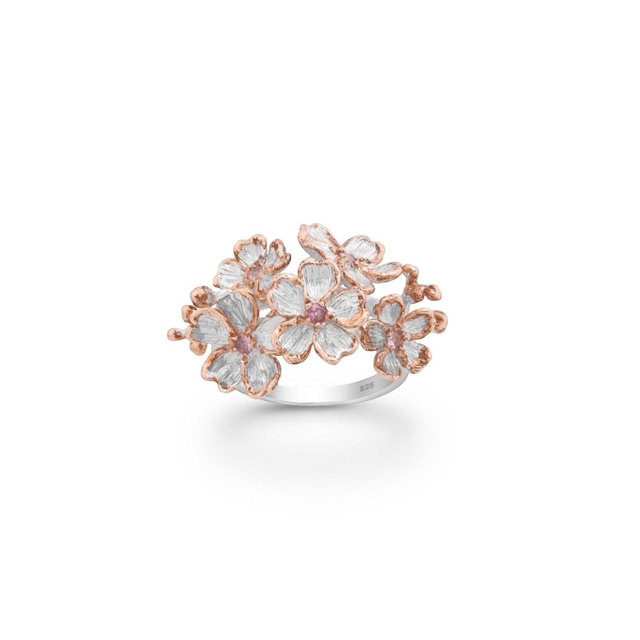 Tania Claire Australia Blossom Ring: sterling silver floral design with rose gold accents and pink sapphires.