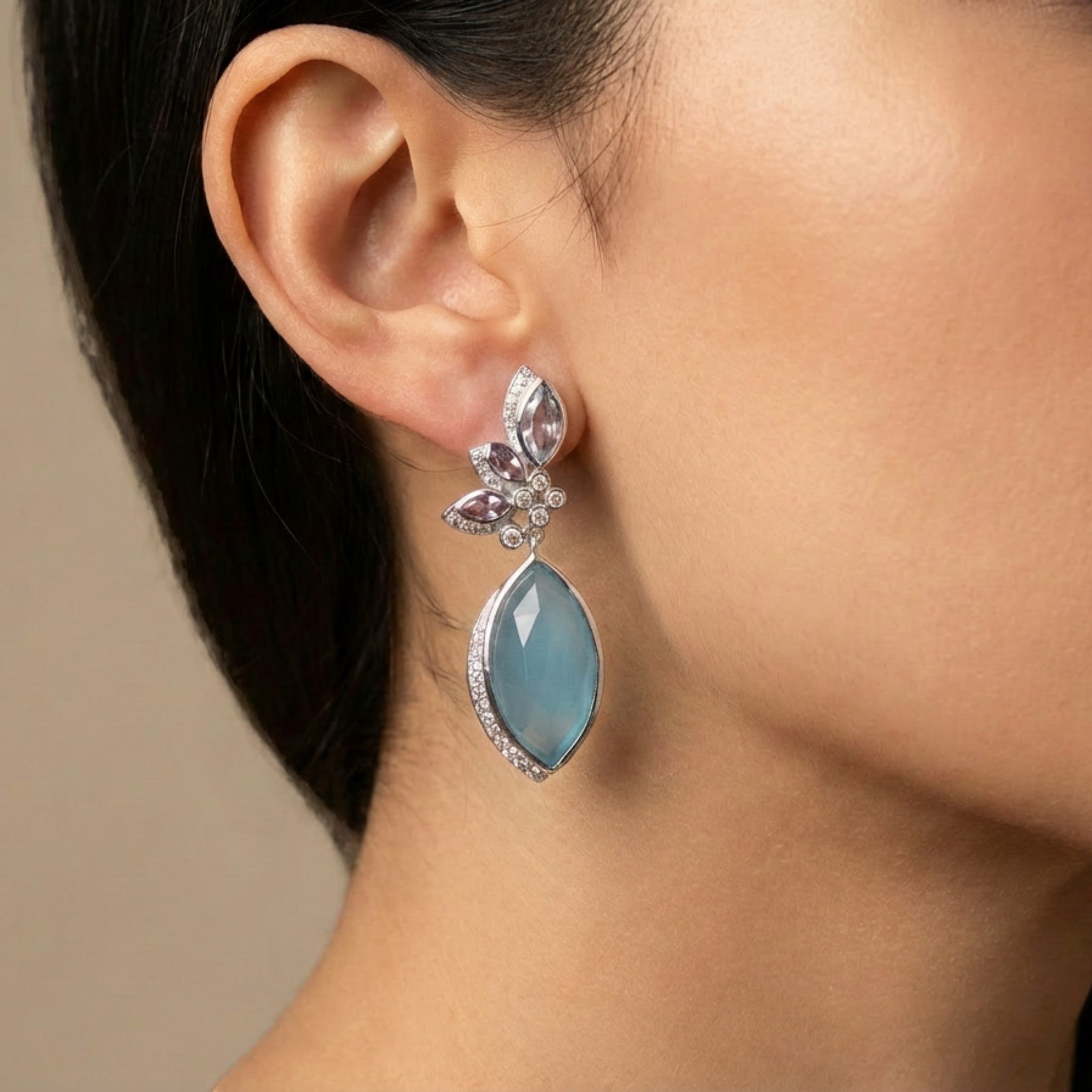 Tania Claire Australia Seraphina drop earrings with marquise-cut blue chalcedony, amethyst, and cubic zirconia in sterling silver.