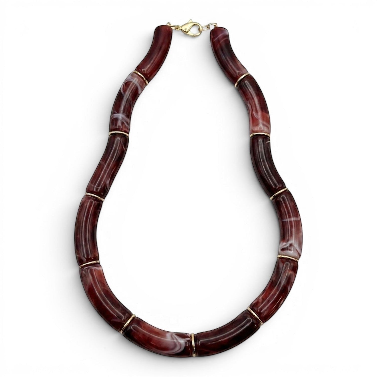 Tania Claire Australia Mia resin statement necklace in deep burgundy marbled beads with gold-tone spacers.