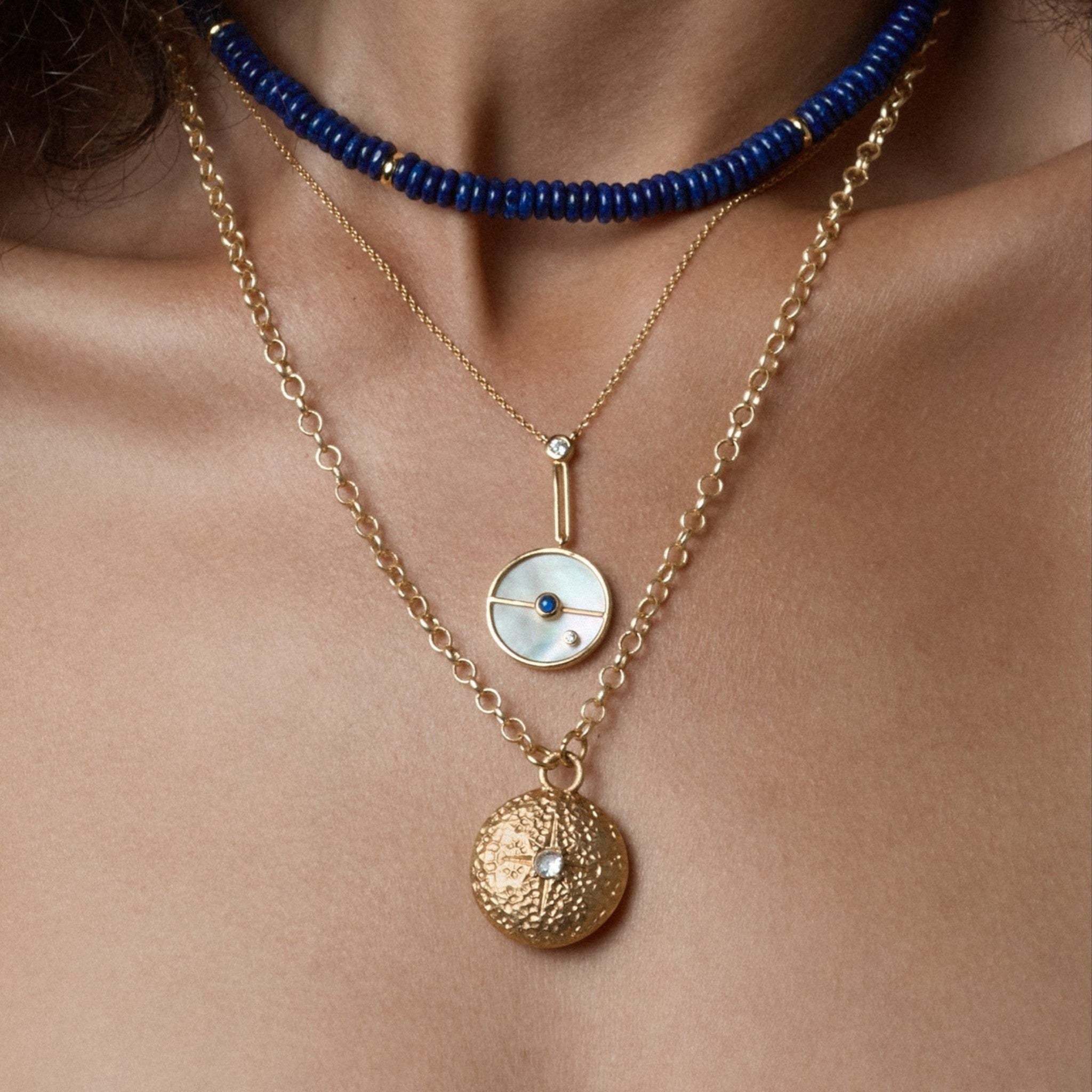Tania Claire Australia Celestial Night Necklace with lapis lazuli beads and gold accents.