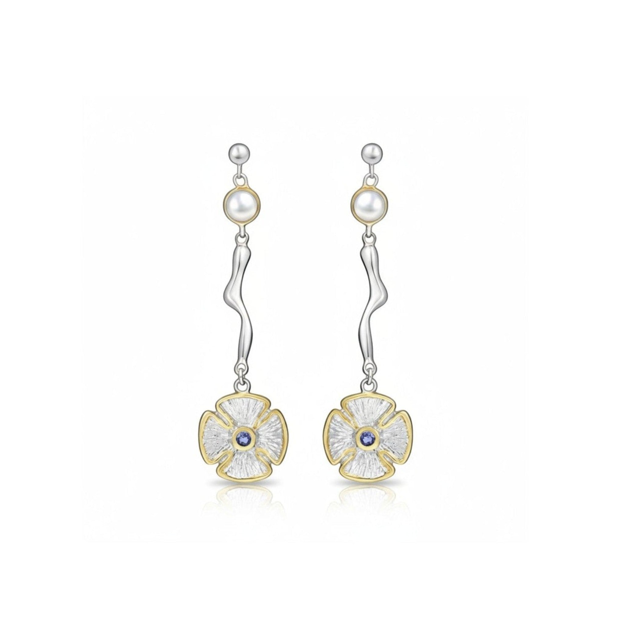 Tania Claire Australia Celestial Pansy Earrings with freshwater pearls, tanzanite, 925 sterling silver and 22K gold plating.
