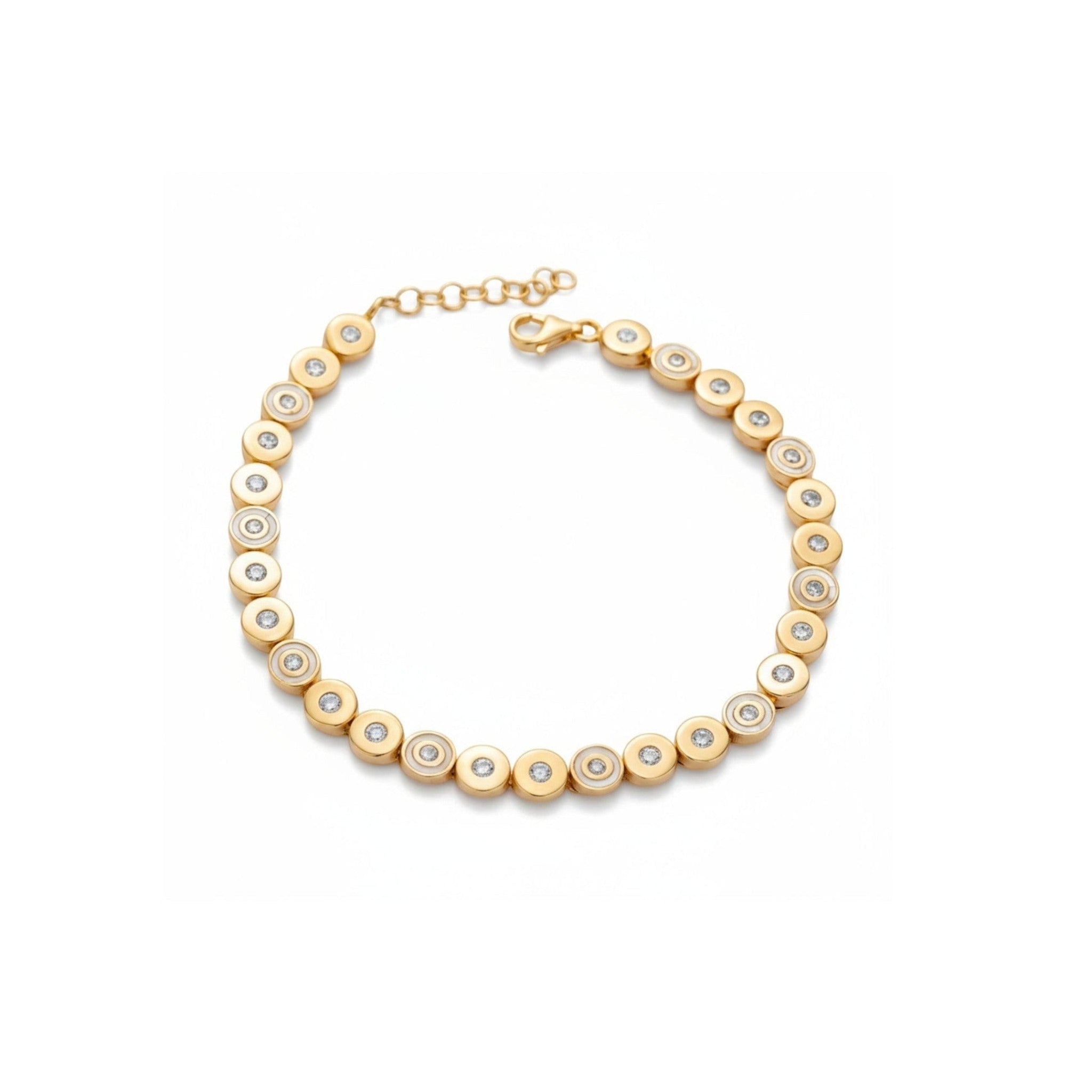 Tania Claire Australia Elara gold bracelet with circular links and shimmering stones. Elegant, delicate design.