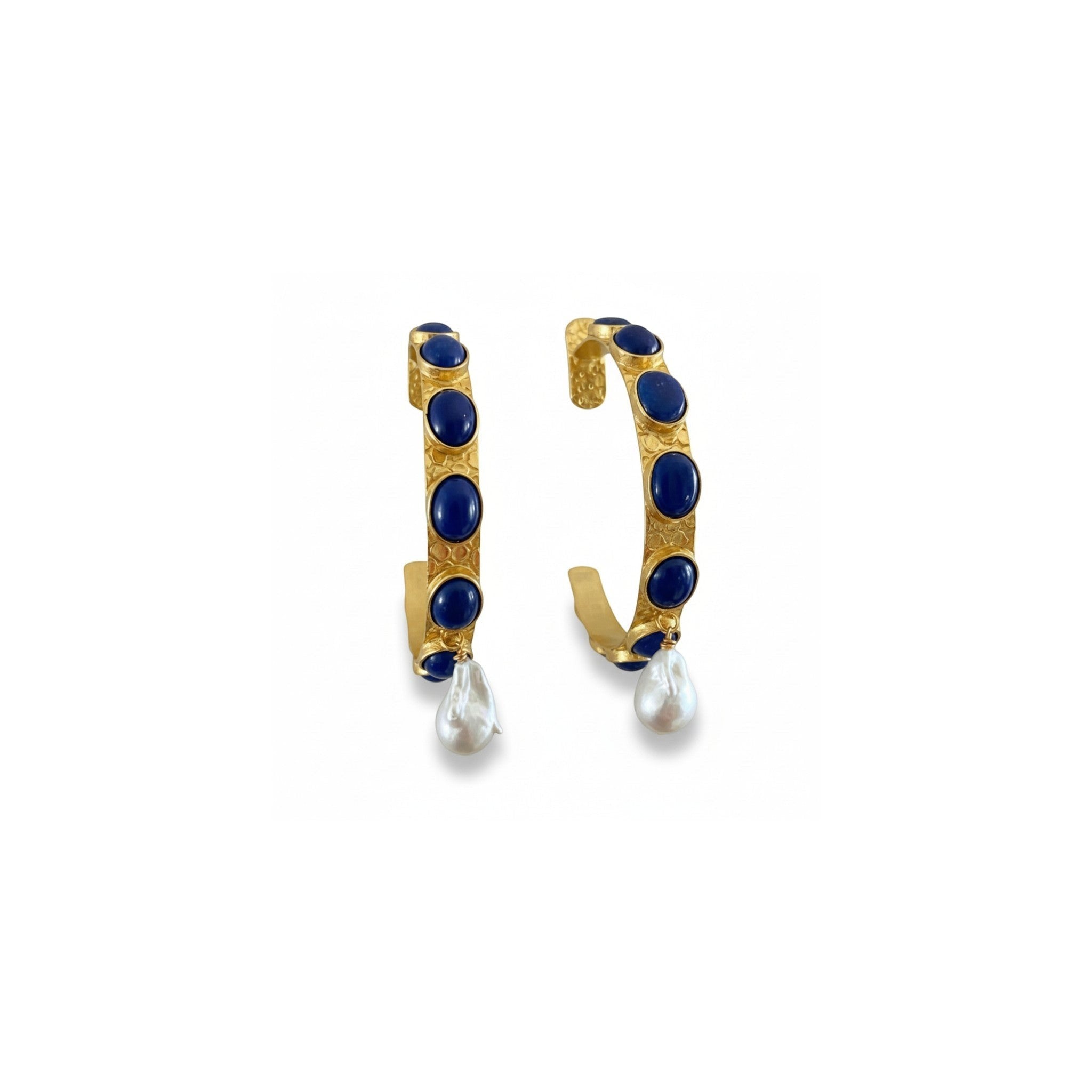 Tania Claire Australia Frida Hoop Earrings with gold-plated brass, blue gemstones and baroque pearl drops.