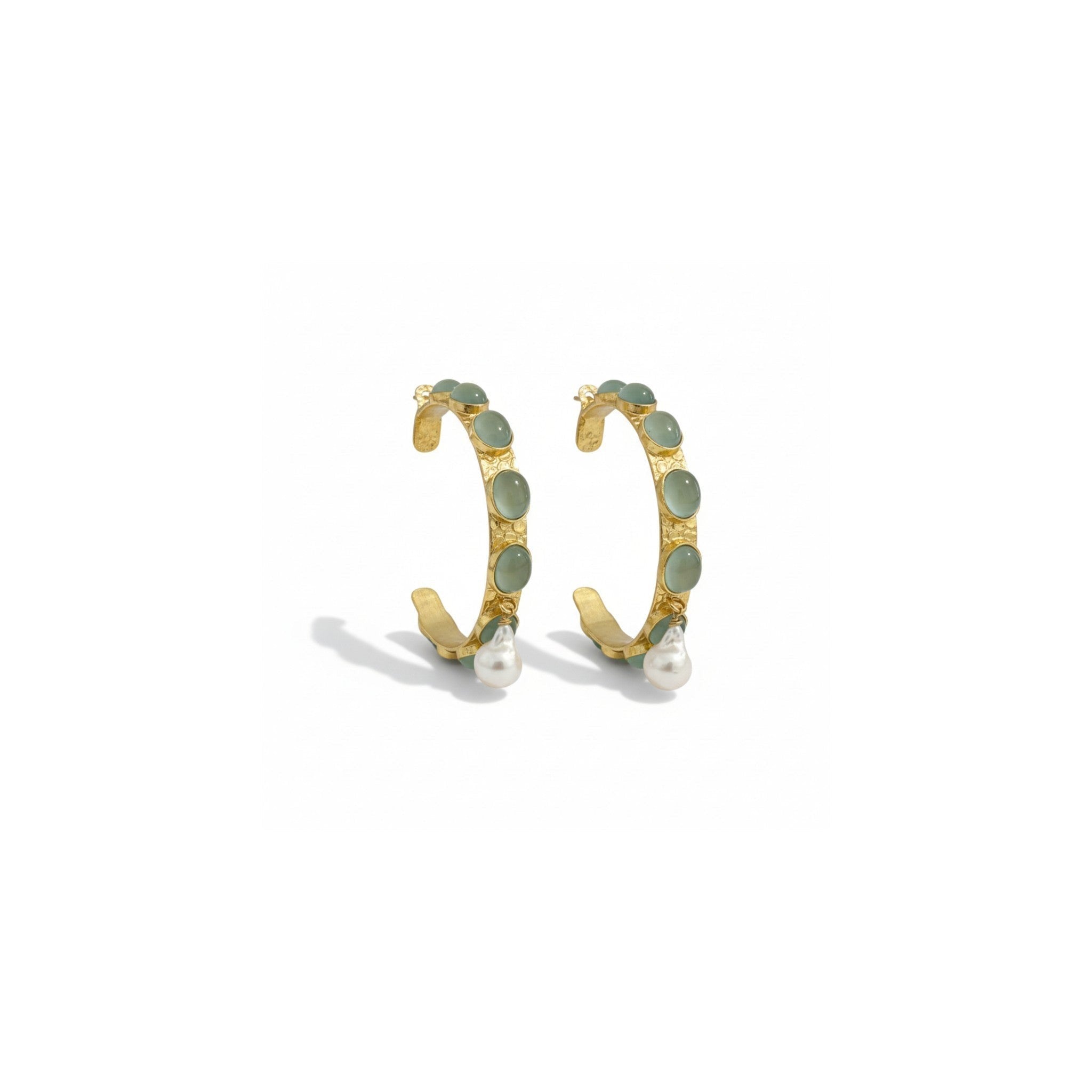 Tania Claire Australia Frida Hoop Earrings with green gemstones and baroque pearls, gold-plated brass.