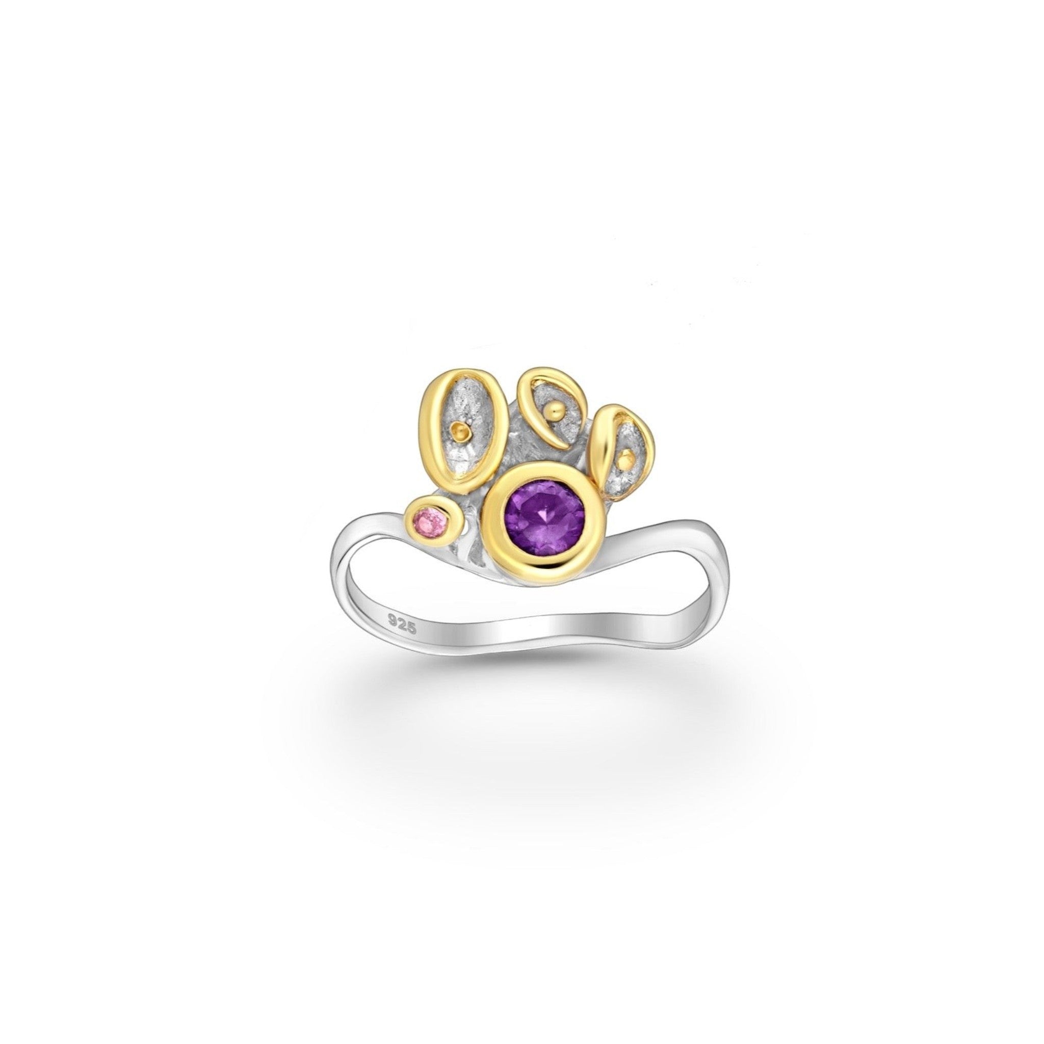 Tania Claire Australia Gaia Crest Ring: sterling silver with 22K gold, featuring amethyst and pink sapphires.