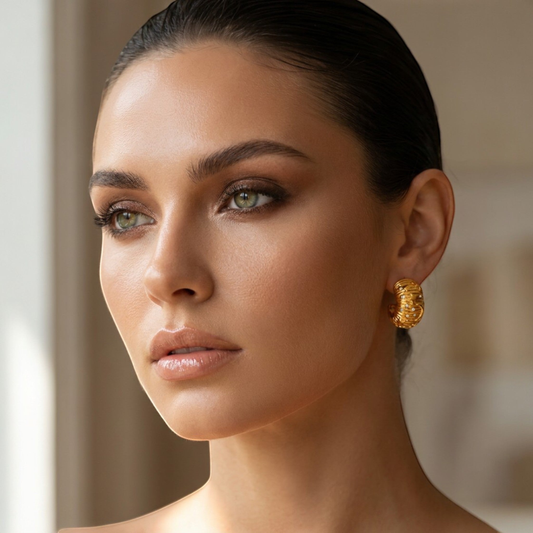 Tania Claire Australia gold-plated textured galaxy hoop earrings with cubic zirconia stones.