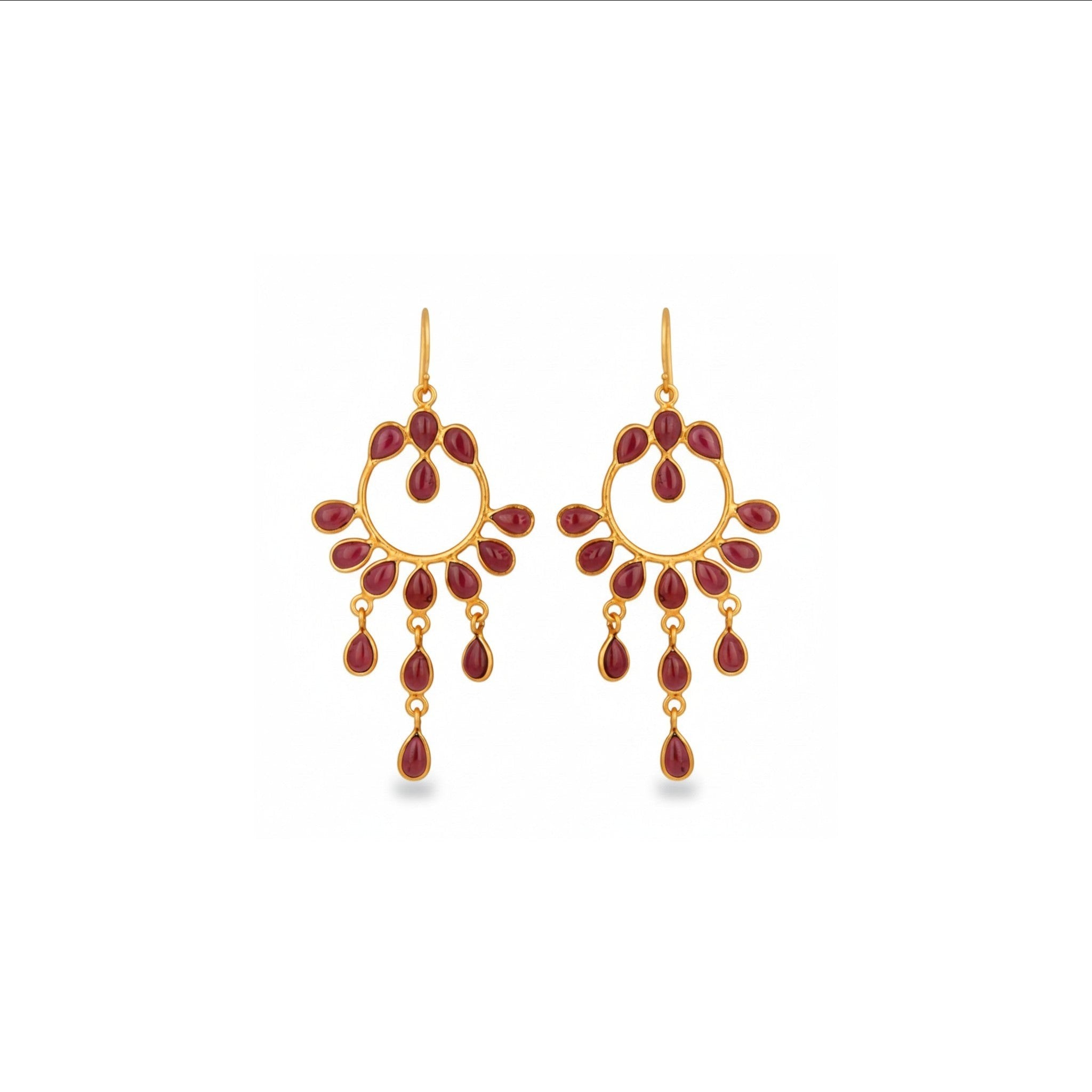 Tania Claire Australia Garnet Flame earrings: gold chandelier design with crimson teardrop garnets. Sterling silver with 14K gold plating.