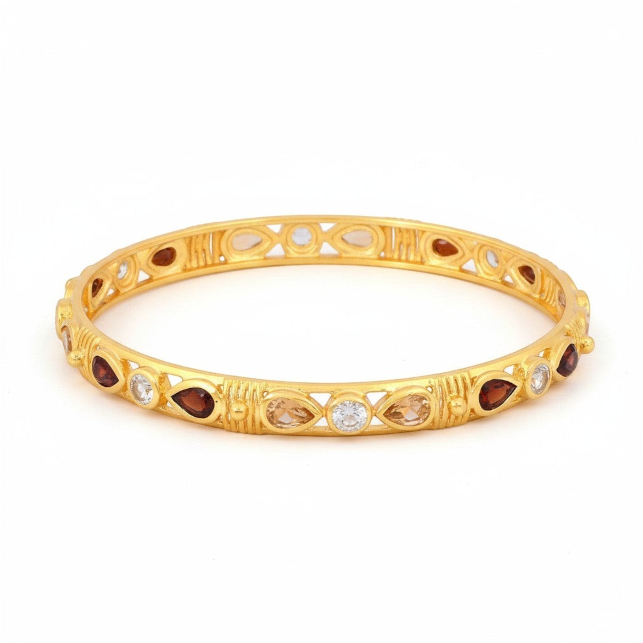 Tania Claire Australia gold vermeil Inner Flame bangle with garnet marquise stones and crystal accents.