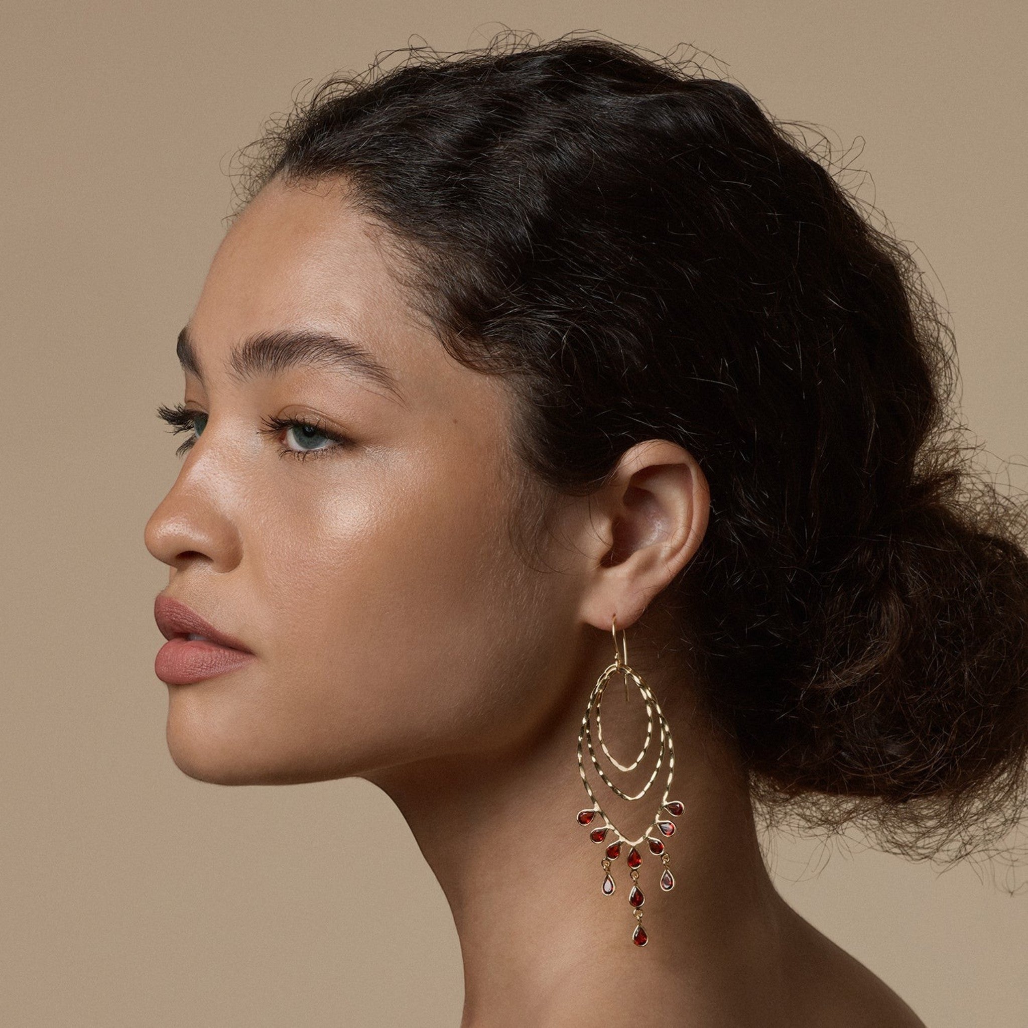 Tania Claire Australia gold finish sterling silver earrings with garnet drops, 72mm tall.