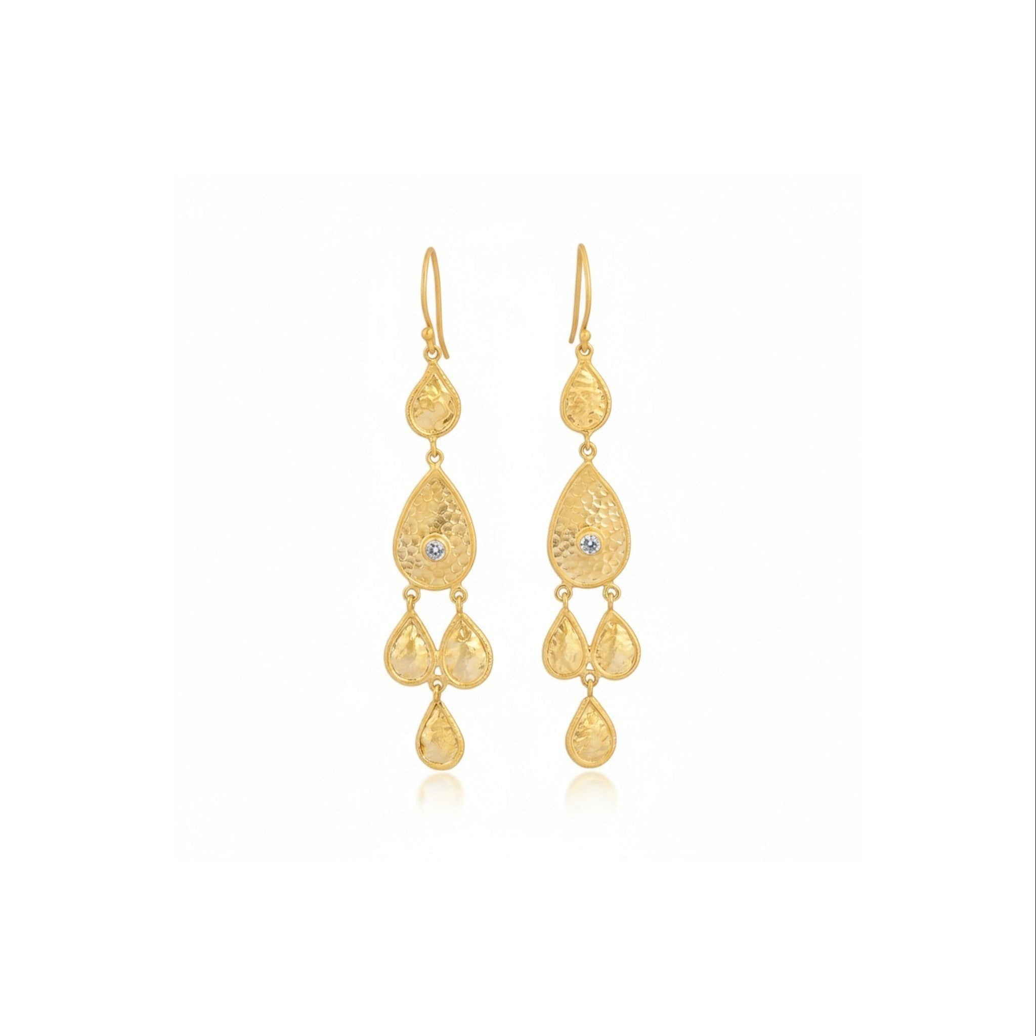 Tania Claire Australia gold plated sterling silver teardrop dangle earrings with hammered finish and crystal accents.