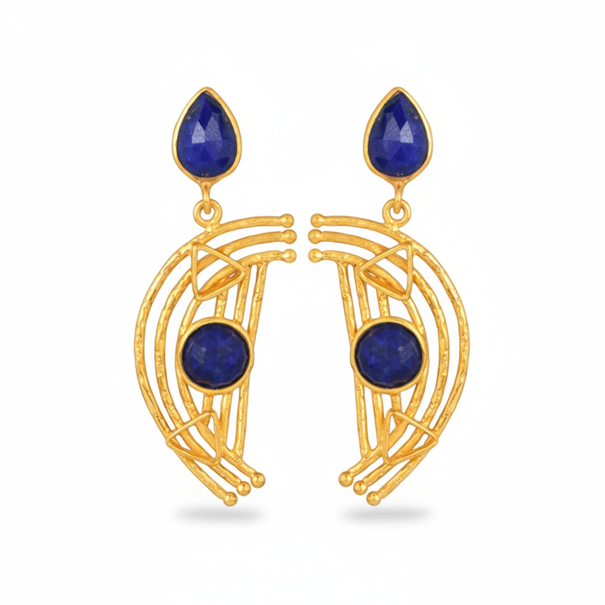 Tania Claire Australia gold plated earrings with lapis lazuli teardrop and round stones, featuring geometric design.