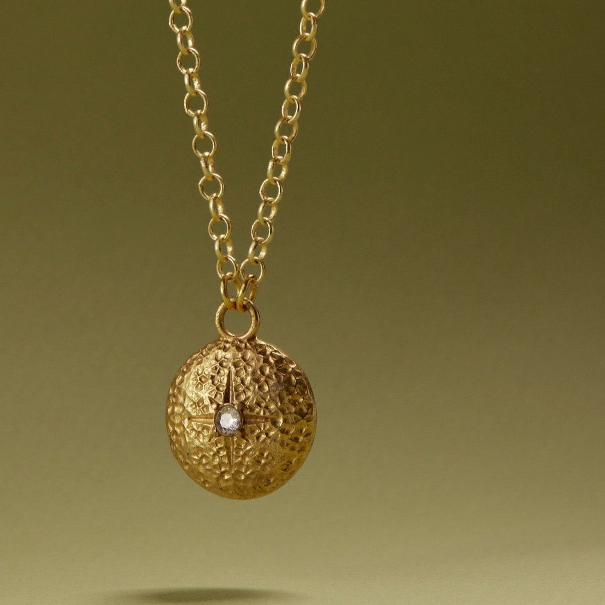 Tania Claire Australia Stella Medallion Necklace: hammered gold disc with starburst and crystal accent, 14K gold brass plated.