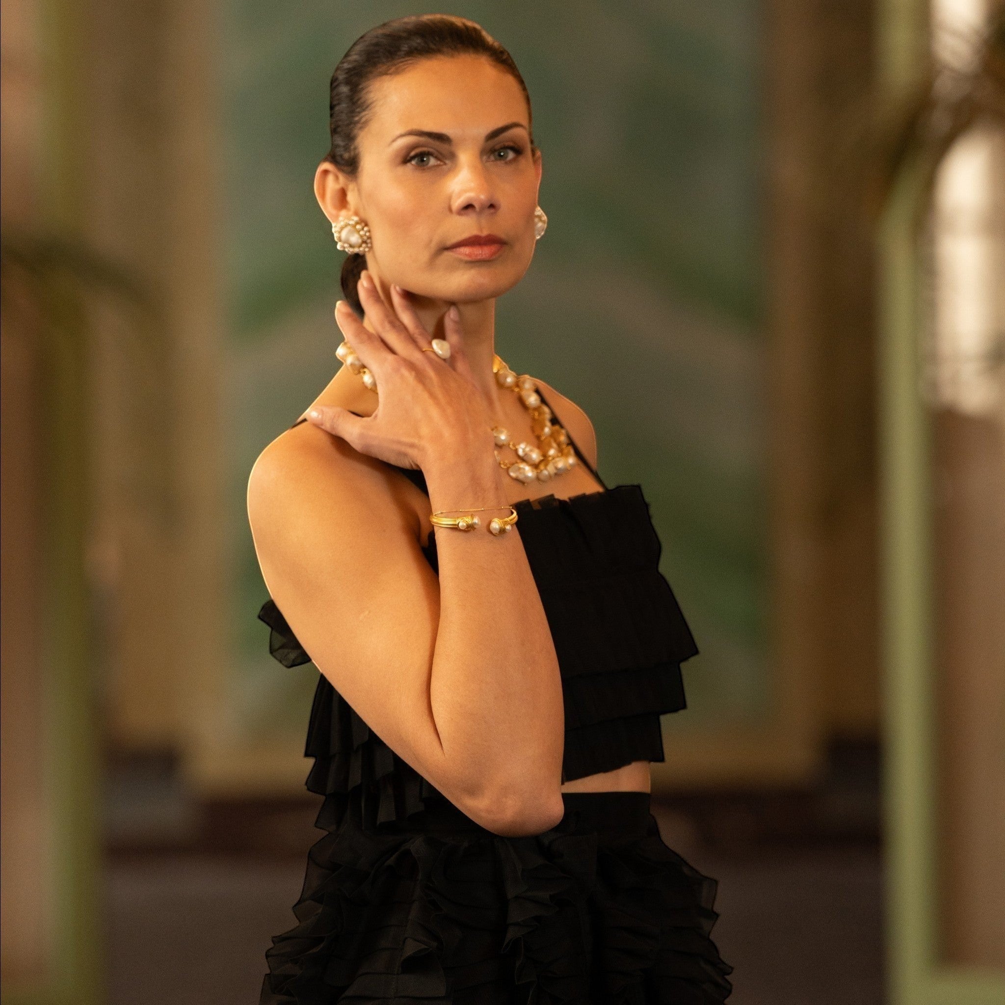 Tania Claire Australia gold cuff bracelet with pearl accents, part of the Paris Capsule Edit.