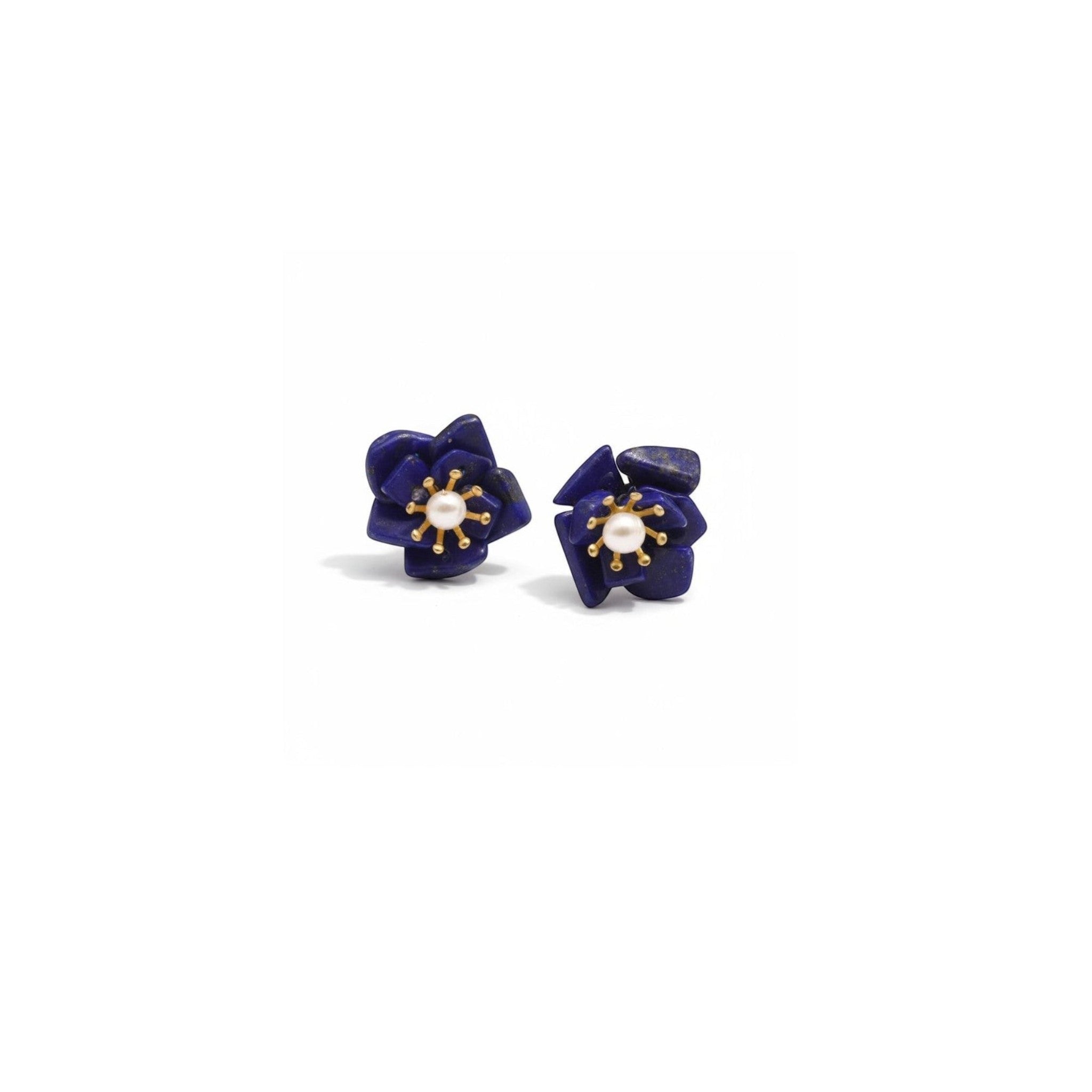 Tania Claire Australia Lapis Bloom floral stud earrings with pearl centres and gold accents.