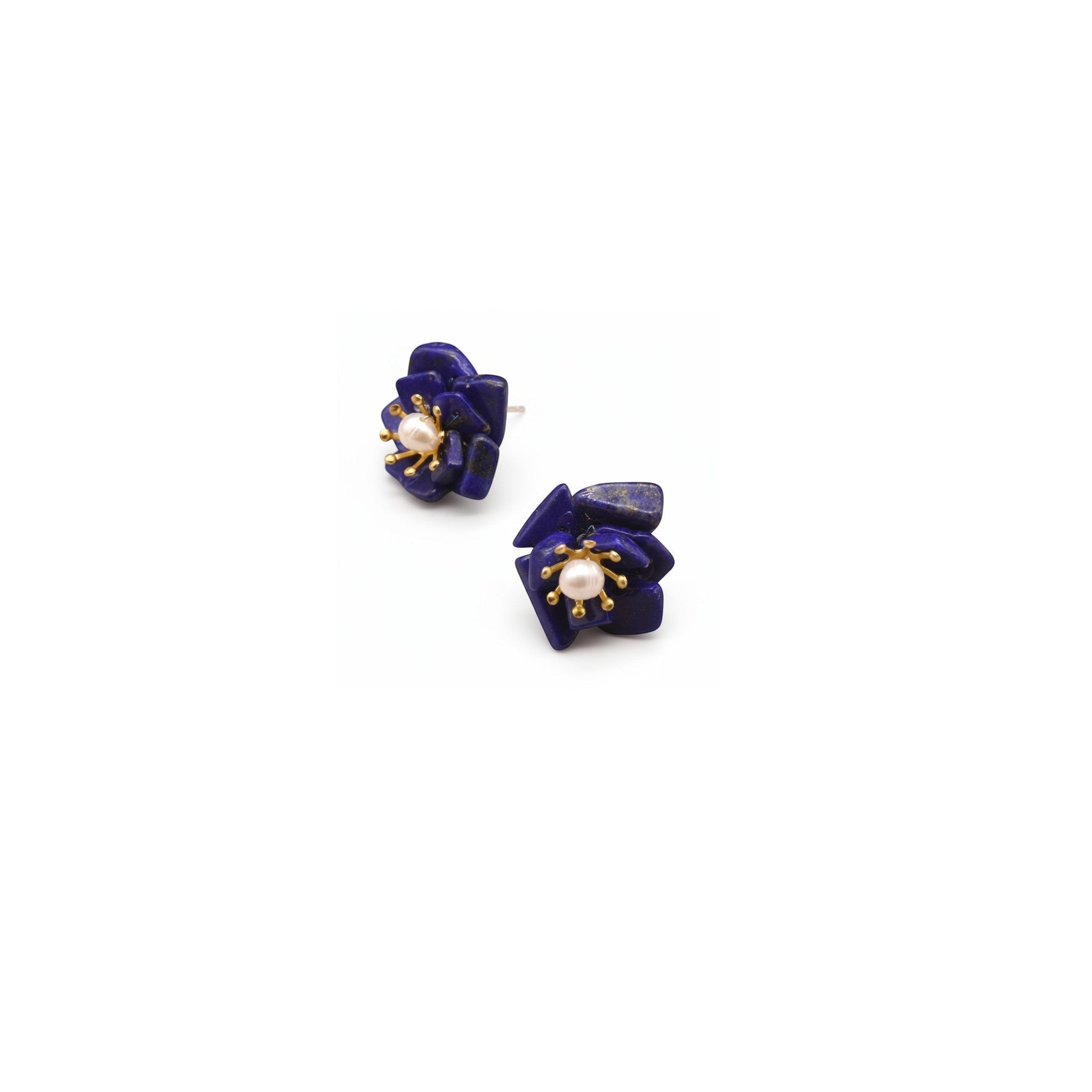 Tania Claire Australia Lapis Bloom floral stud earrings with pearls and gold accents.