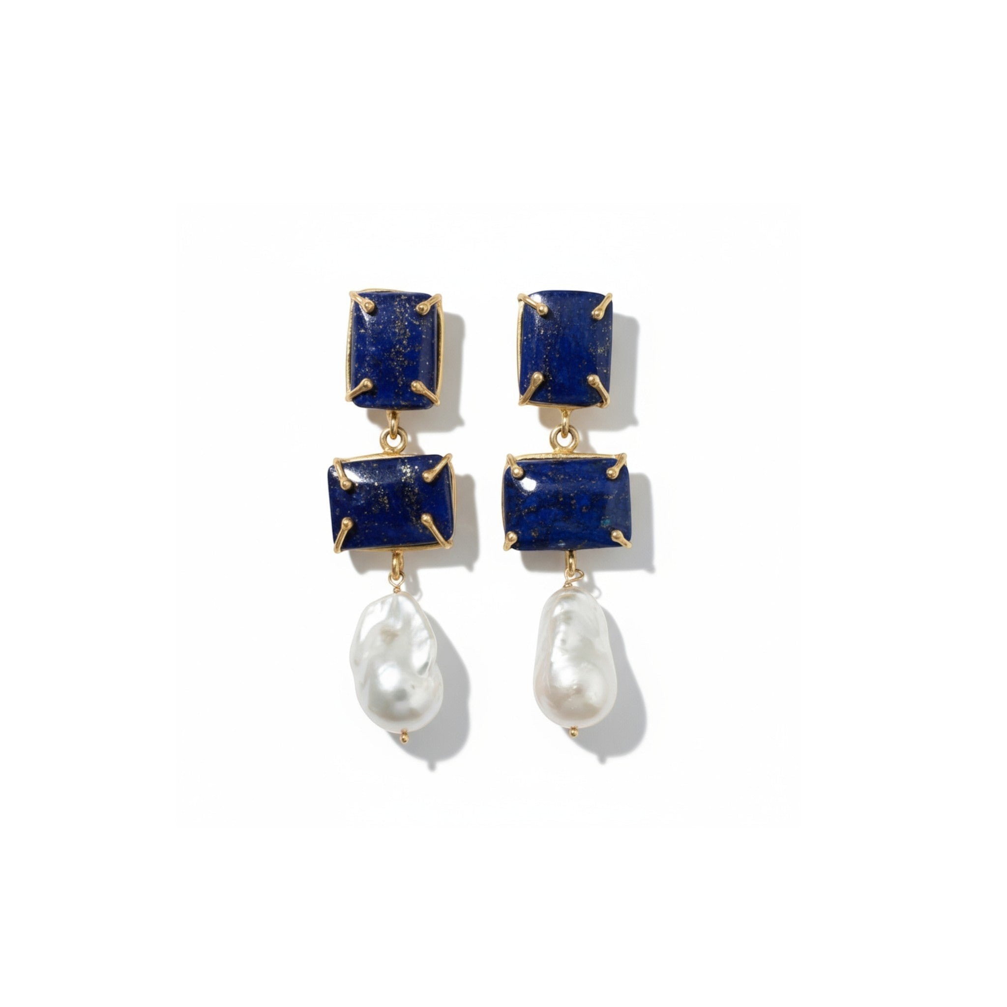 Tania Claire Australia Iris drop earrings featuring rectangular blue lapis gemstones and white baroque pearls in gold