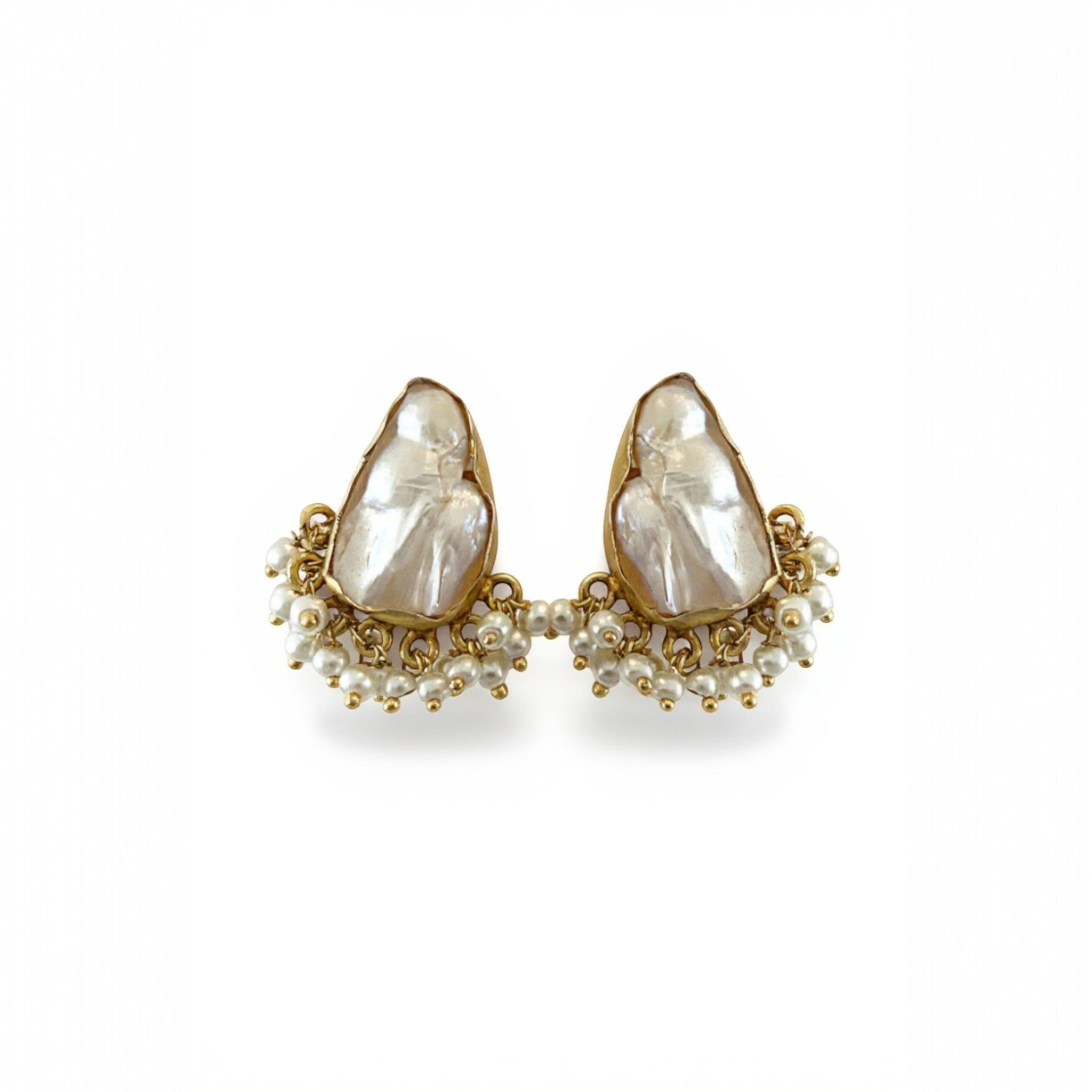Tania Claire Australia Lola Pearl Studs: unique baroque freshwater pearls set in gold with dangling pearl accents.
