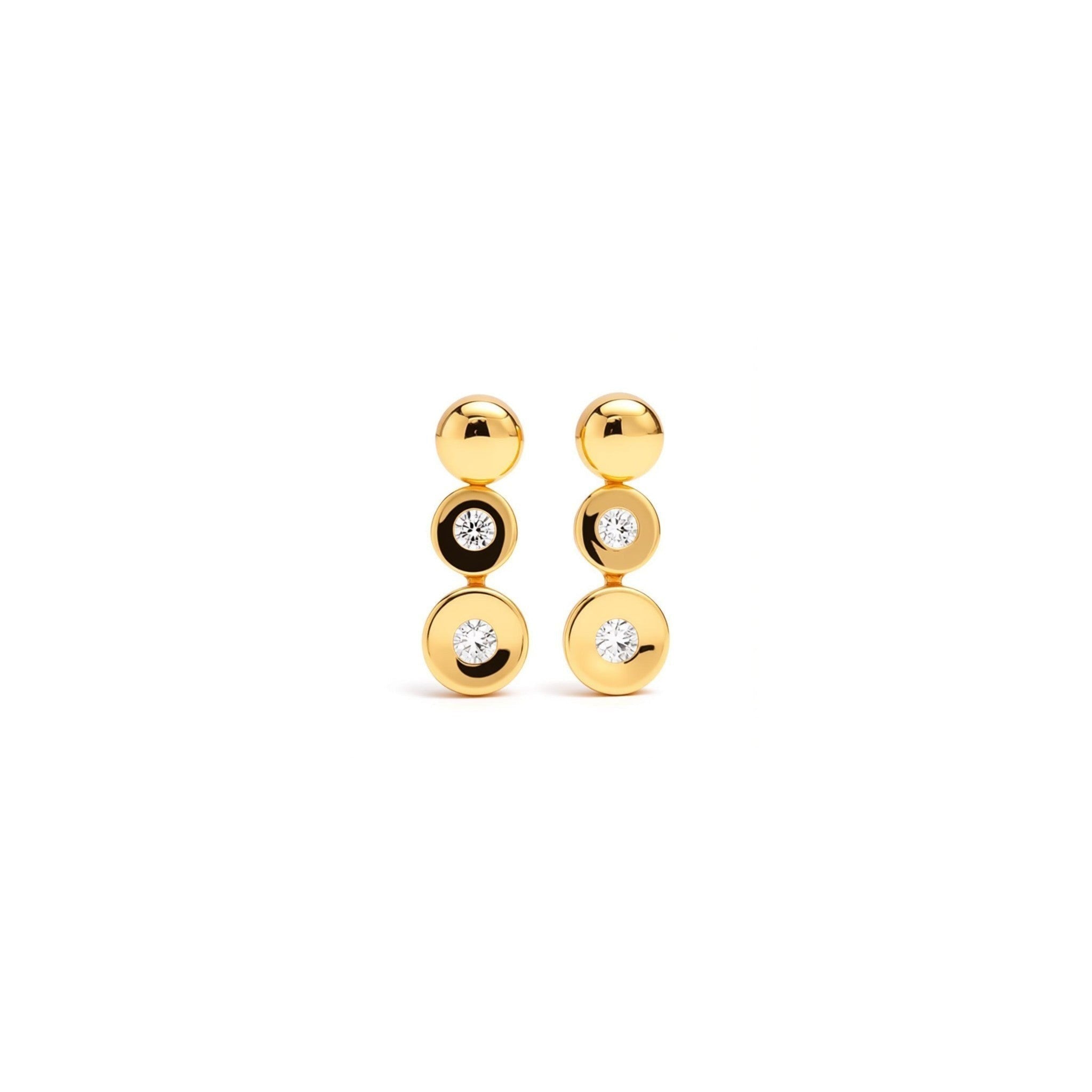 Tania Claire Australia Luna Trio Studs: gold plated sterling silver earrings with three stacked orbs and cubic zirconia.
