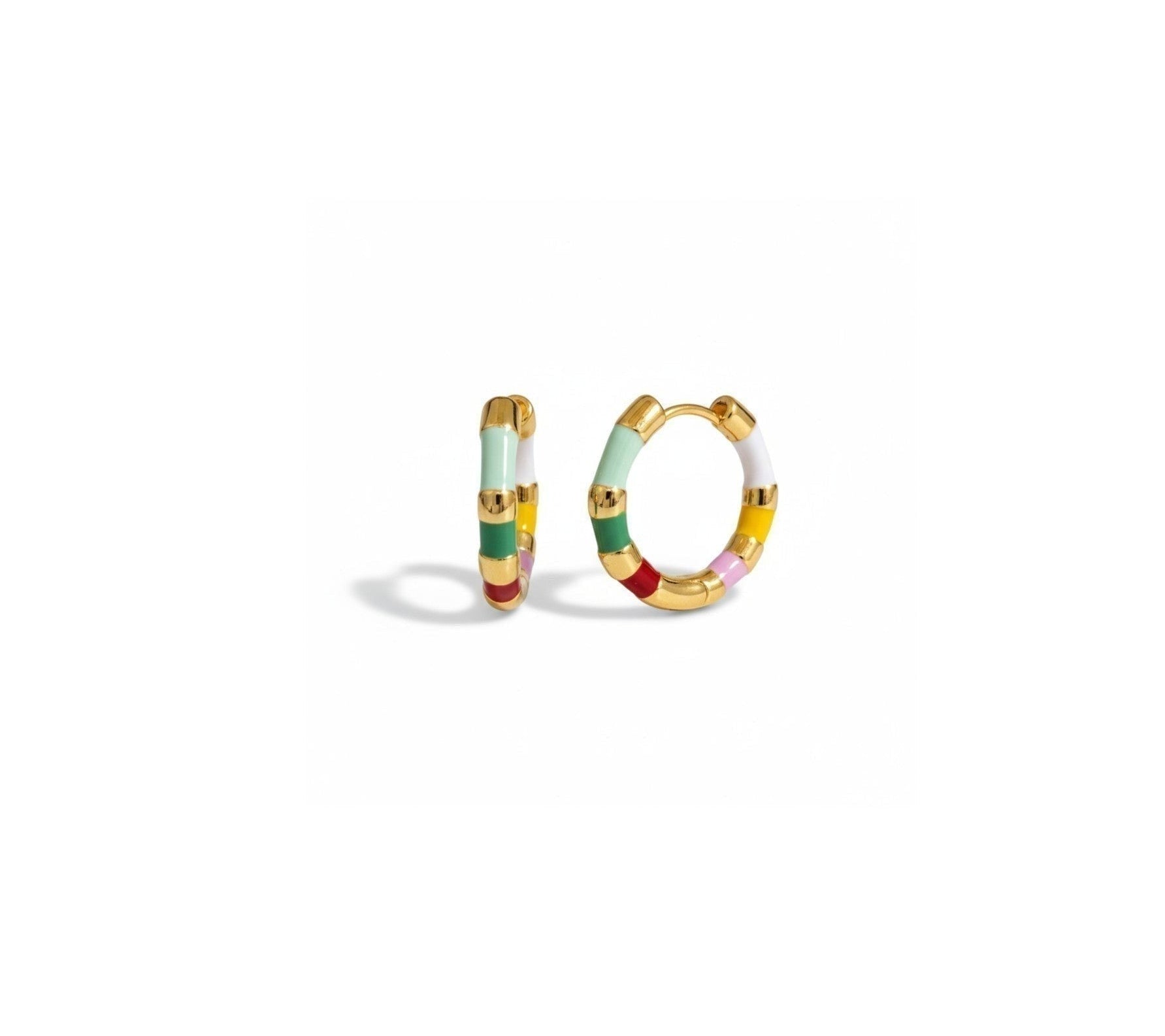 Tania Claire Australia Mini Confetti gold-plated hoop earrings with colorful striped enamel design.