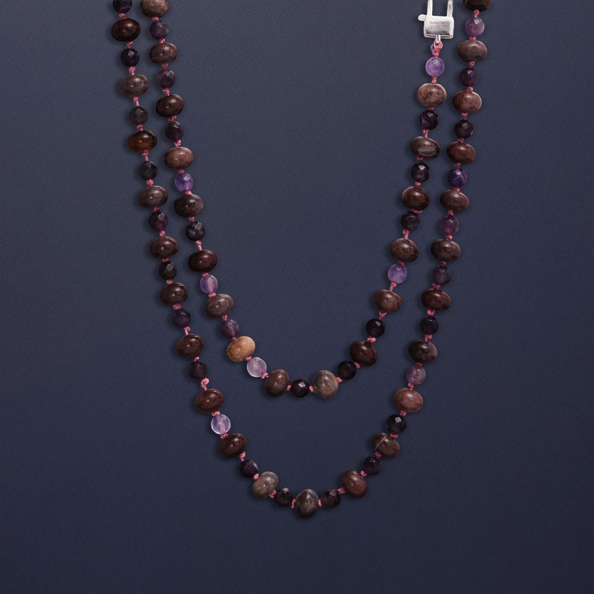 Tania Claire Australia Montmartre Twilight Necklace: Hand-strung earthy gemstones and amethyst beads with matte and faceted finishes.