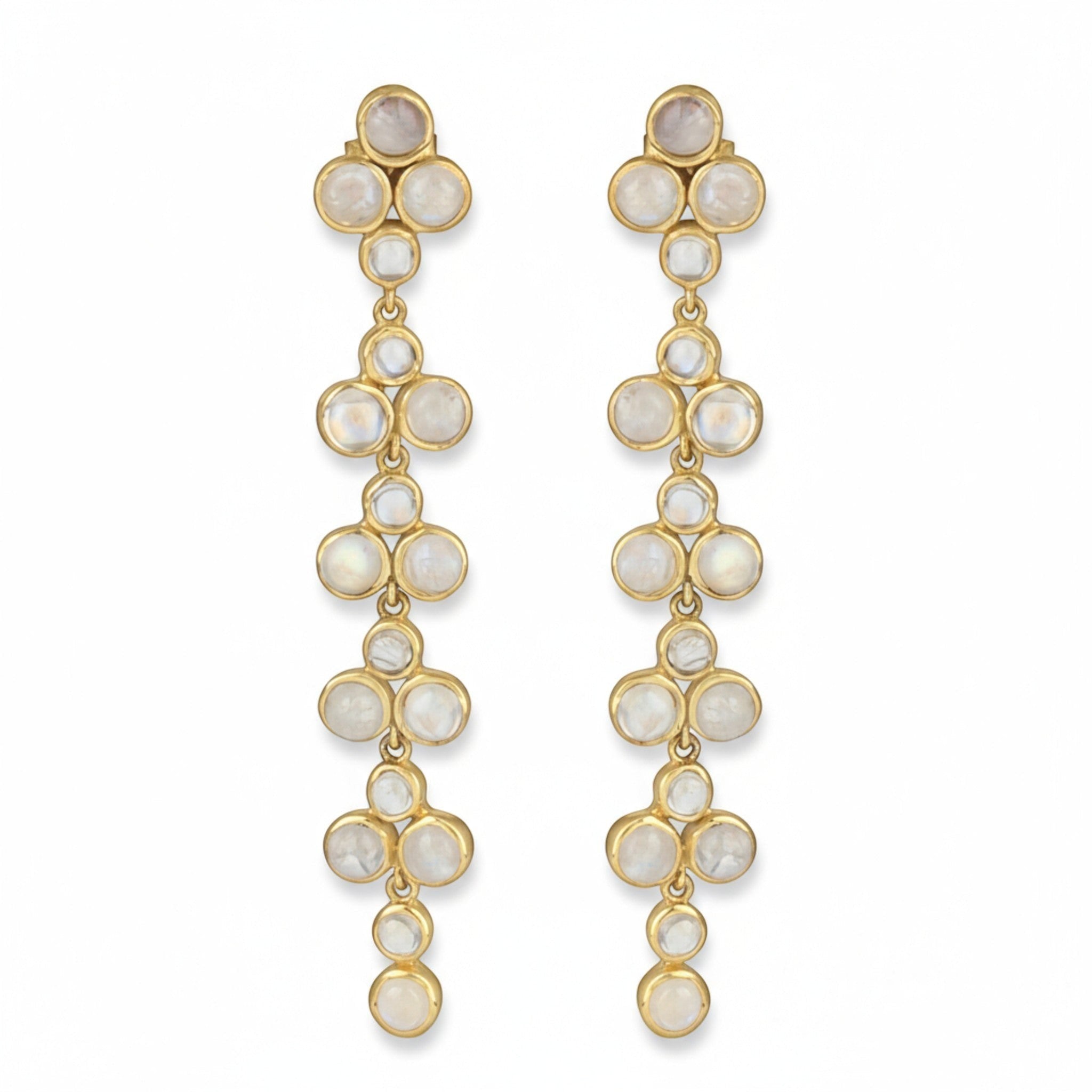 Tania Claire Australia Moonfall Earrings: 22K gold plated sterling silver drop earrings with rainbow moonstones.