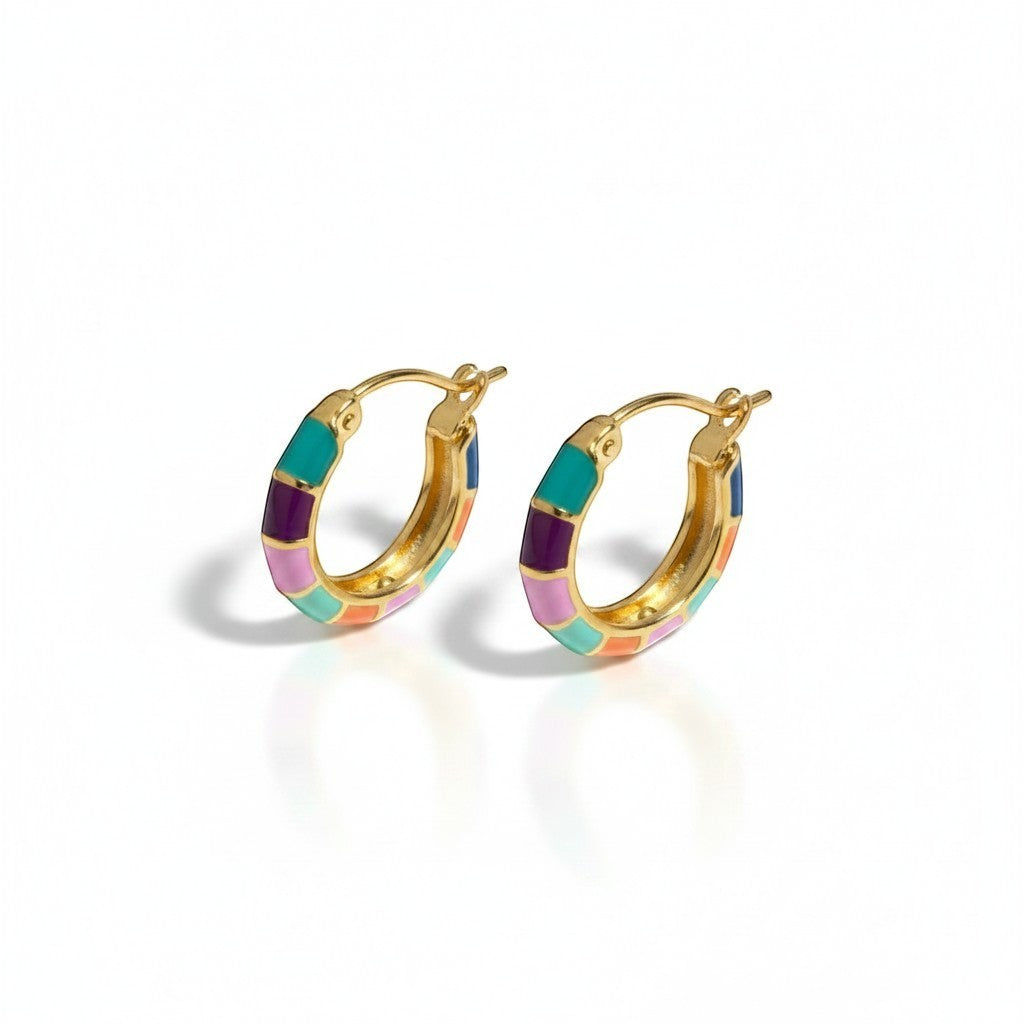 Tania Claire Australia gold-tone hoop earrings with colorful mosaic enamel geometric pattern in teal, purple, pink, coral, and blue.