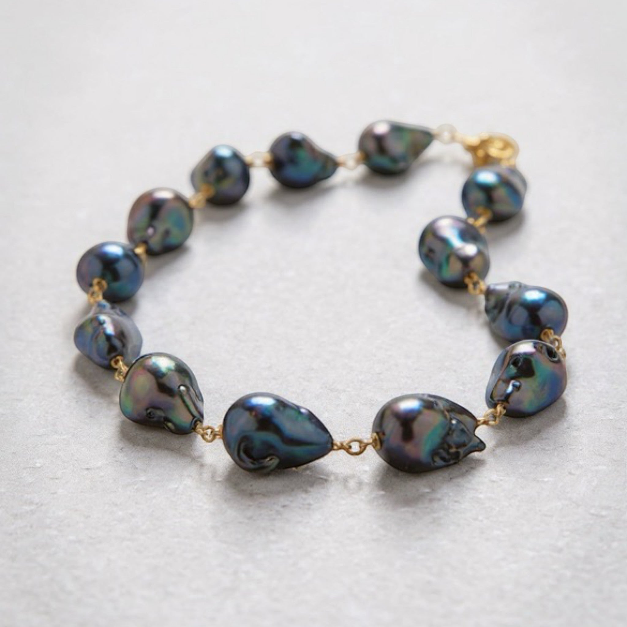 Tania Claire Australia Ocean Deep necklace with black Tahitian baroque pearls and 14k gold chain, 55cm length.
