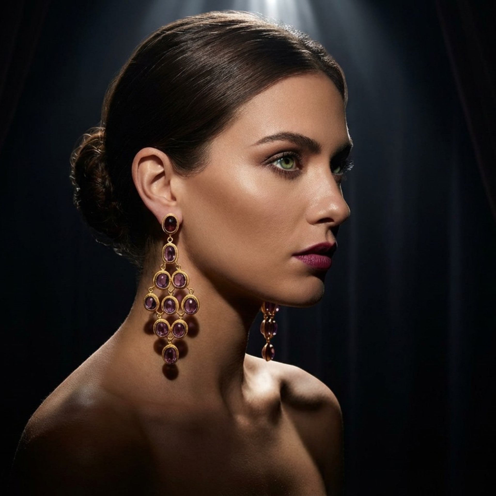 Tania Claire Australia Palais Amethyst Earrings: dramatic gold-plated chandelier earrings with faceted amethyst gemstones.