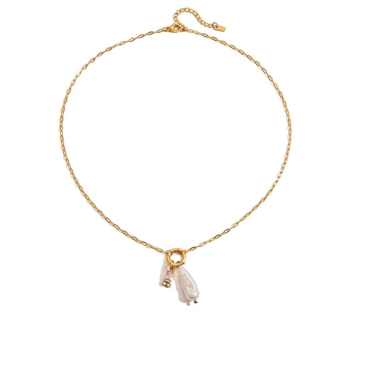 Tania Claire Australia gold-plated stainless steel necklace featuring a lustrous pearl and a sparkling birthstone gem.