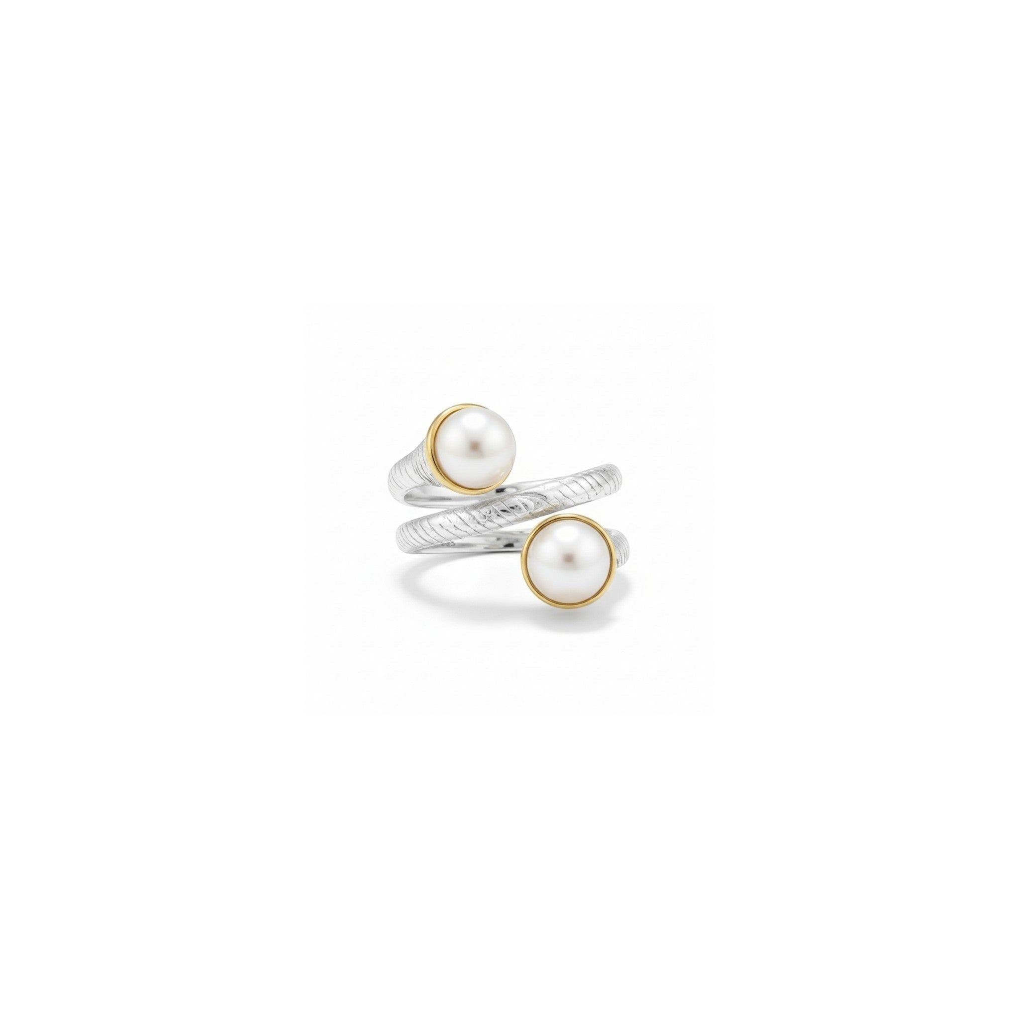 Tania Claire Australia Luna Coil Ring: sterling silver spiral ring with two pearls in gold bezels and textured finish.