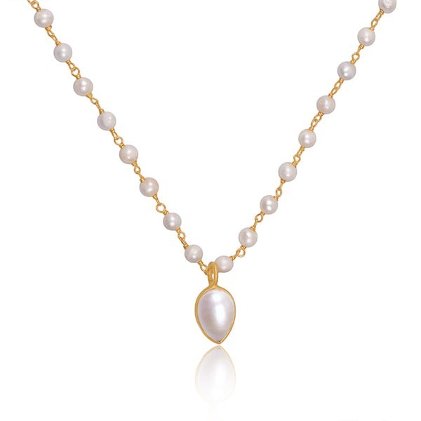 Tania Claire Australia 18K yellow gold plated sterling silver necklace with freshwater pearls and teardrop pendant.