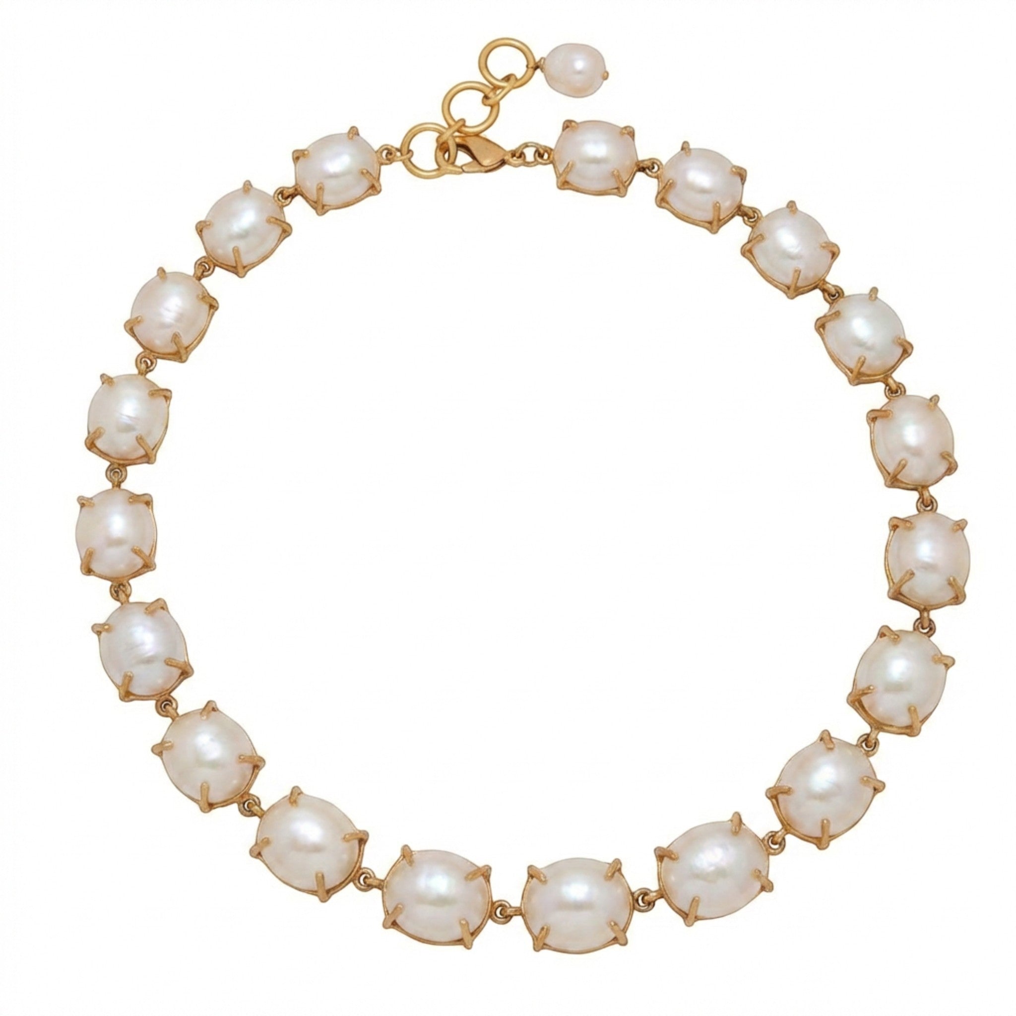 Tania Claire Australia Theia Necklace with oval pearls and gold-tone metal setting, adjustable clasp, and pearl accent.