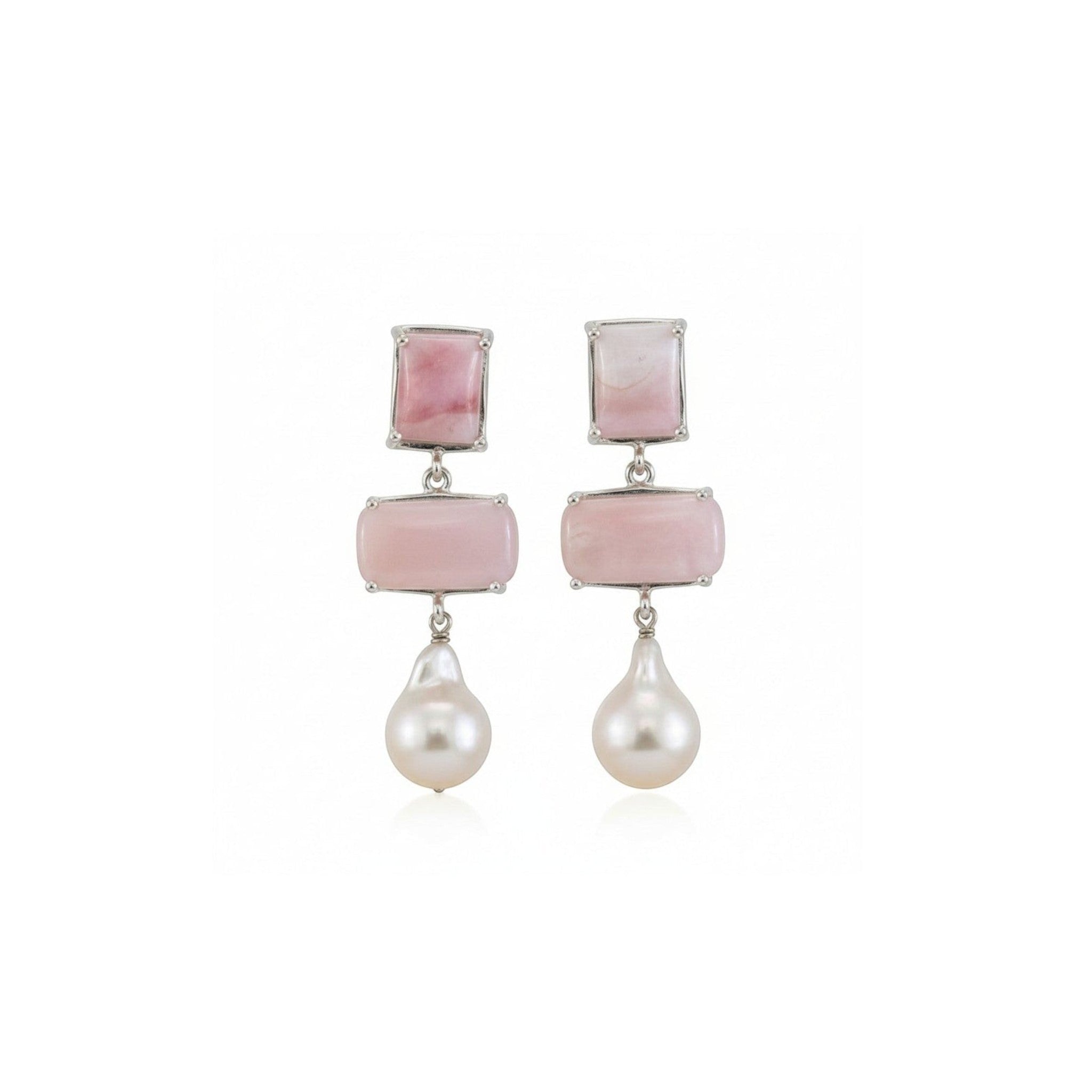 Tania Claire Australia pink opal and pearl drop earrings in sterling silver. Rectangular stones with baroque pearl drop.