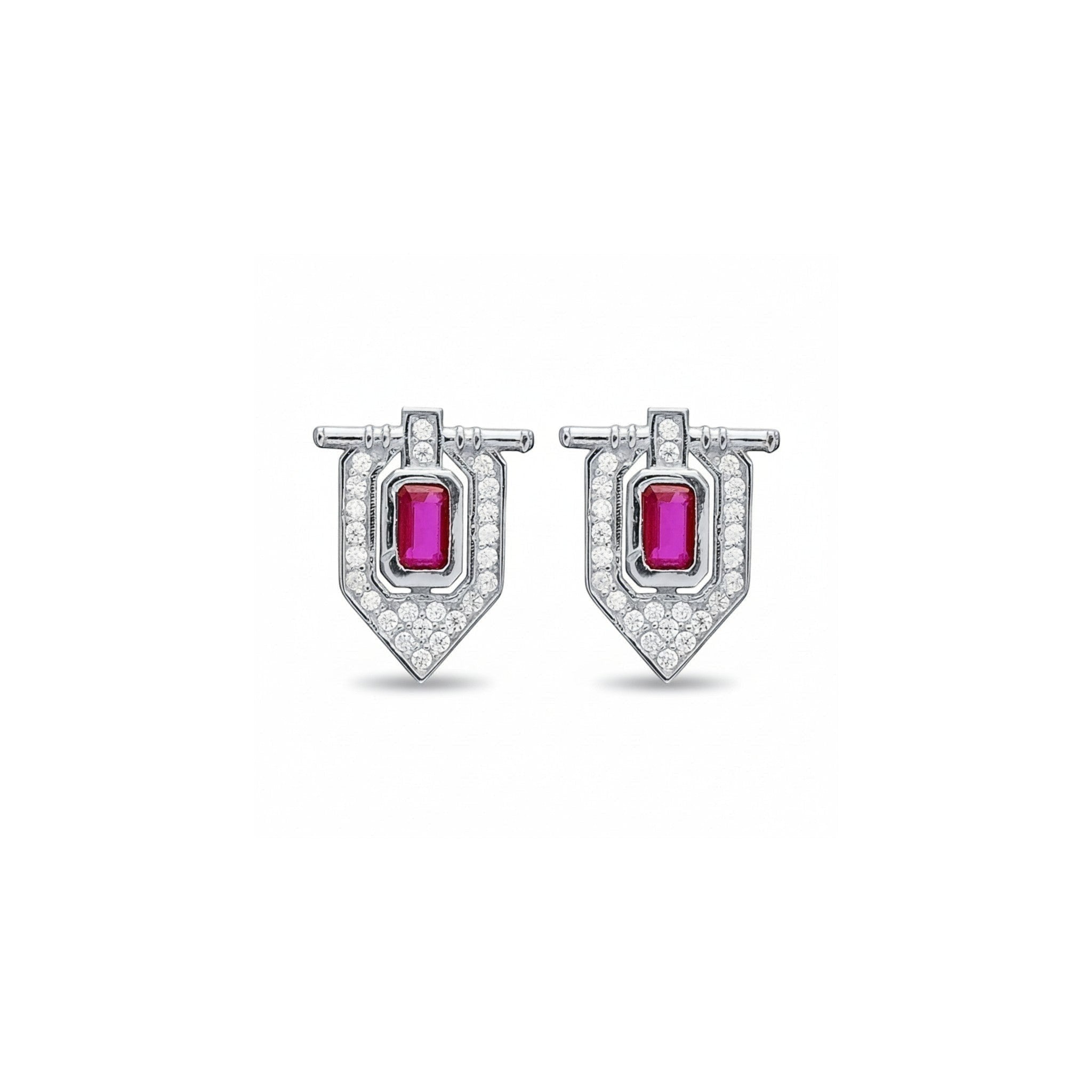 Tania Claire Australia geometric shield ruby and diamond stud earrings in silver finish.