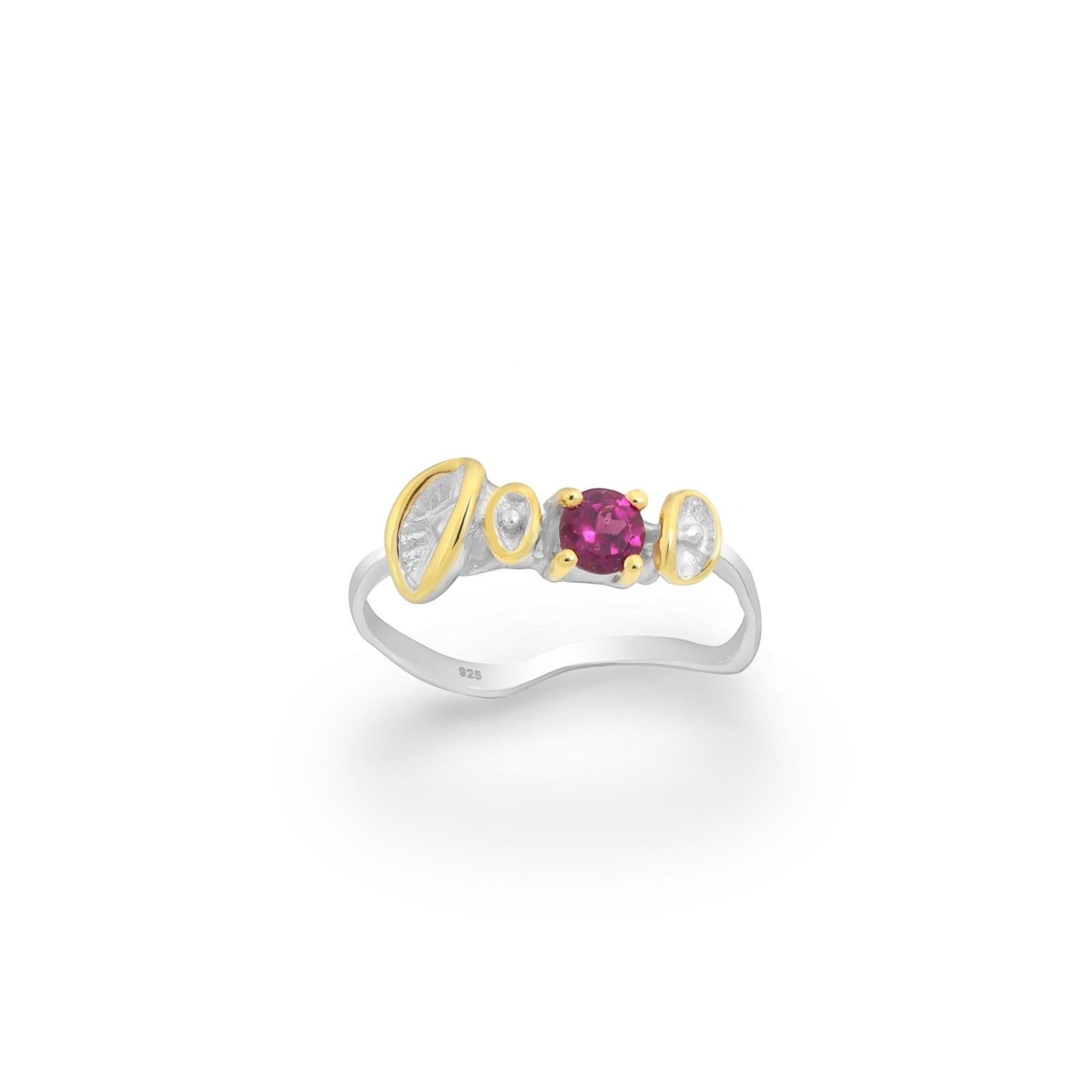 Tania Claire Australia Ember Line Ring: sterling silver with 22K gold finish, featuring a ruby centerpiece and abstract golden shapes.