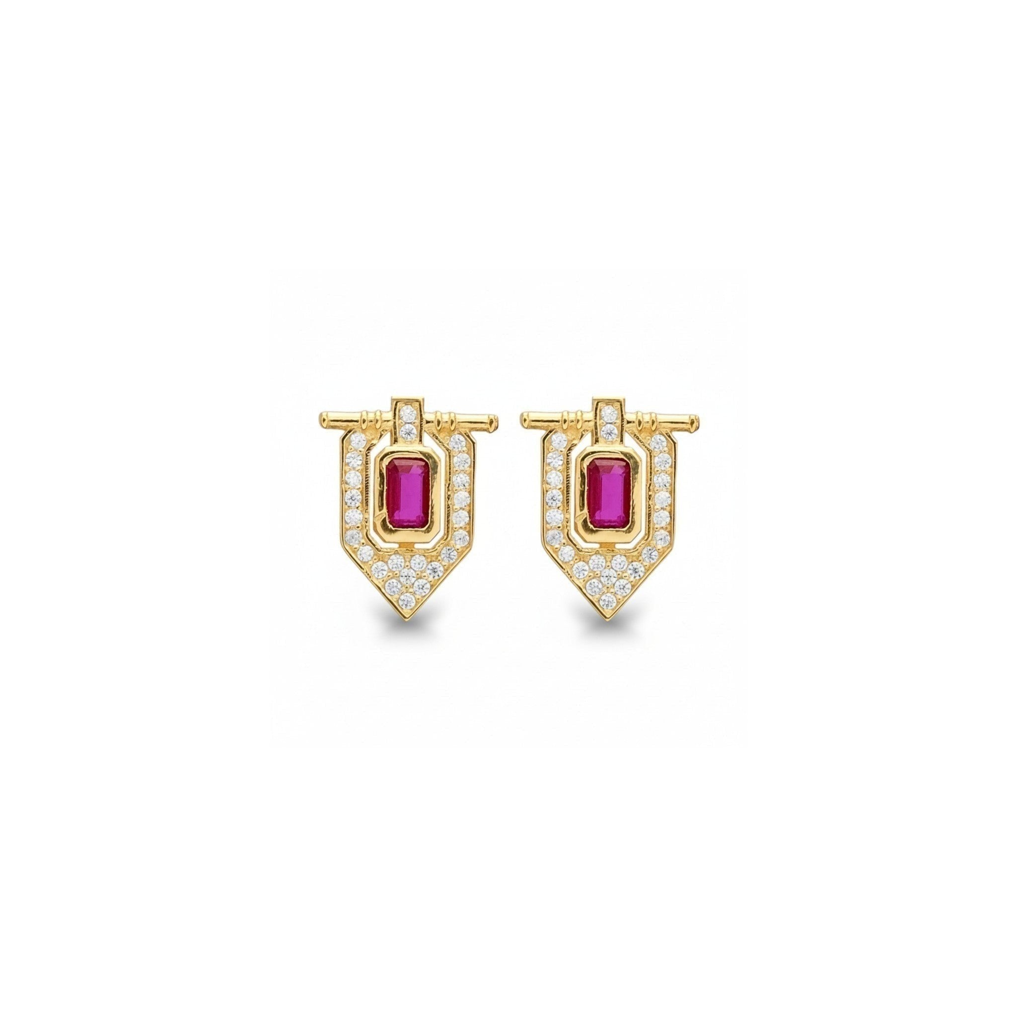 Tania Claire Australia gold shield earrings with central ruby and pavé diamonds.