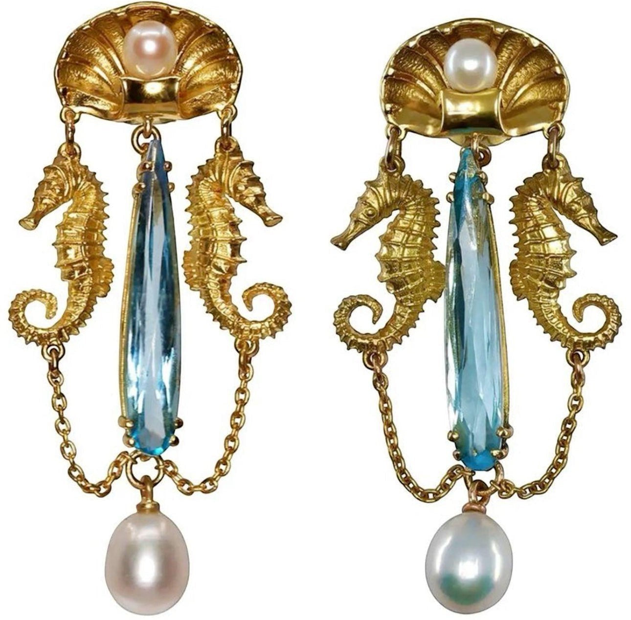Tania Claire Australia antique revival seahorse earrings with blue teardrop crystals and dangling pearls in gold tone