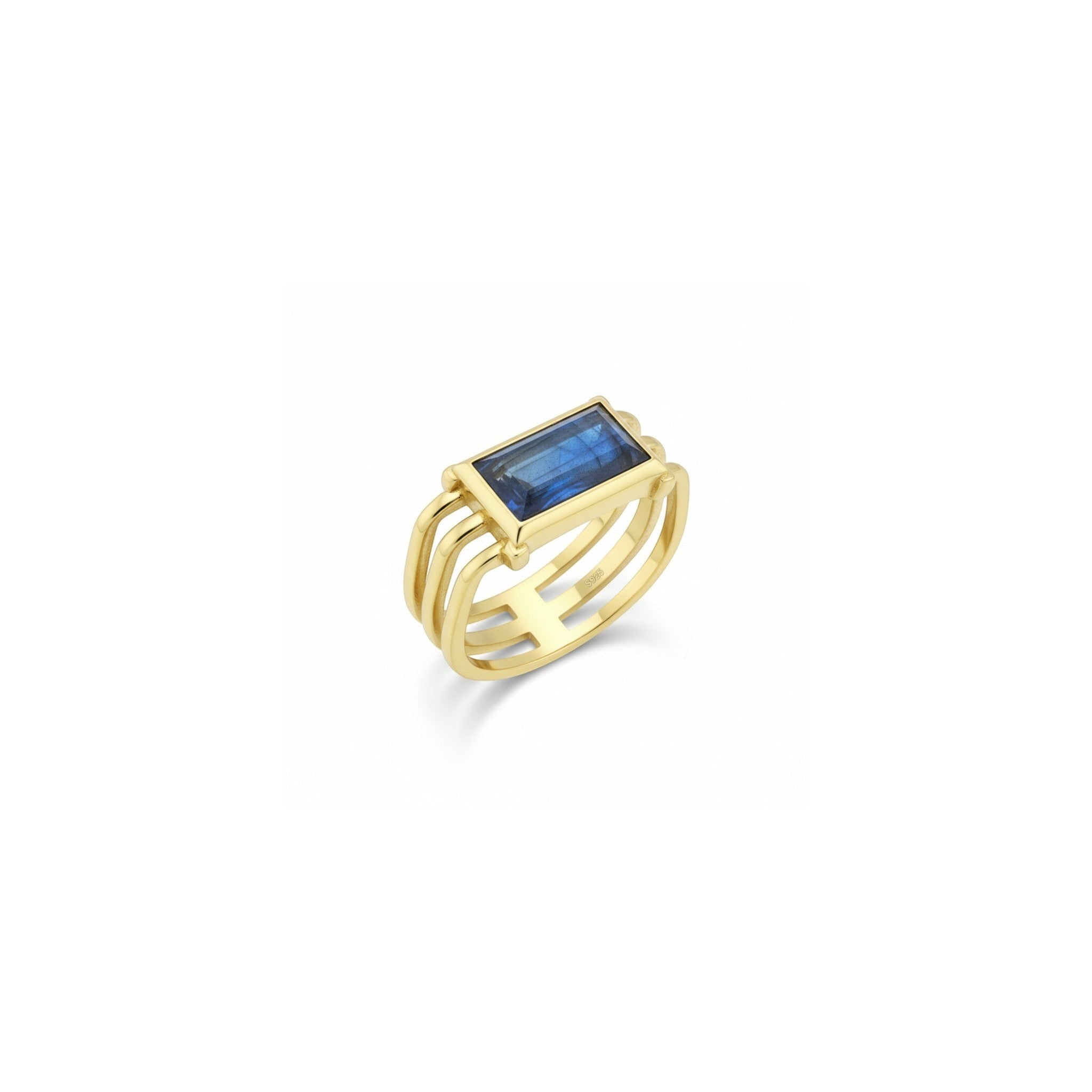 Tania Claire Australia Storm Bound ring with rectangular blue labradorite stone and 18K yellow gold bands.