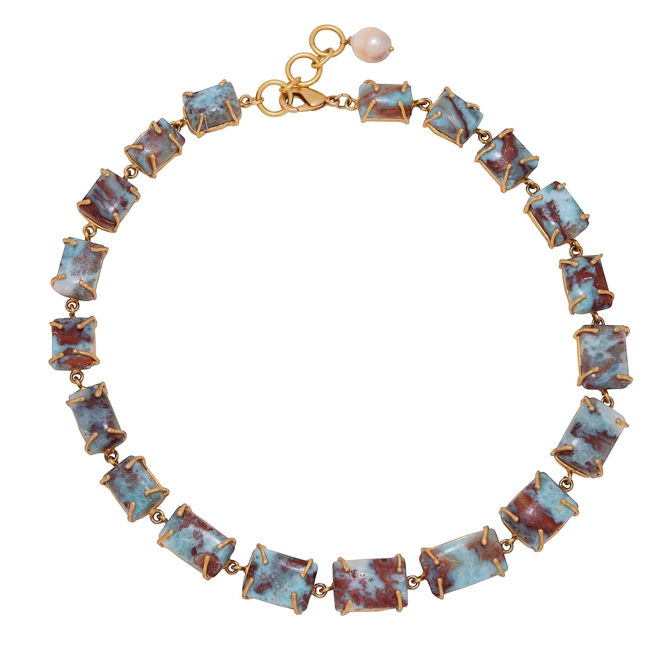 Tania Claire Australia Theia Necklace with rectangular Turquoise sky blue and rust stones, gold-tone metal, and pearl accent.
